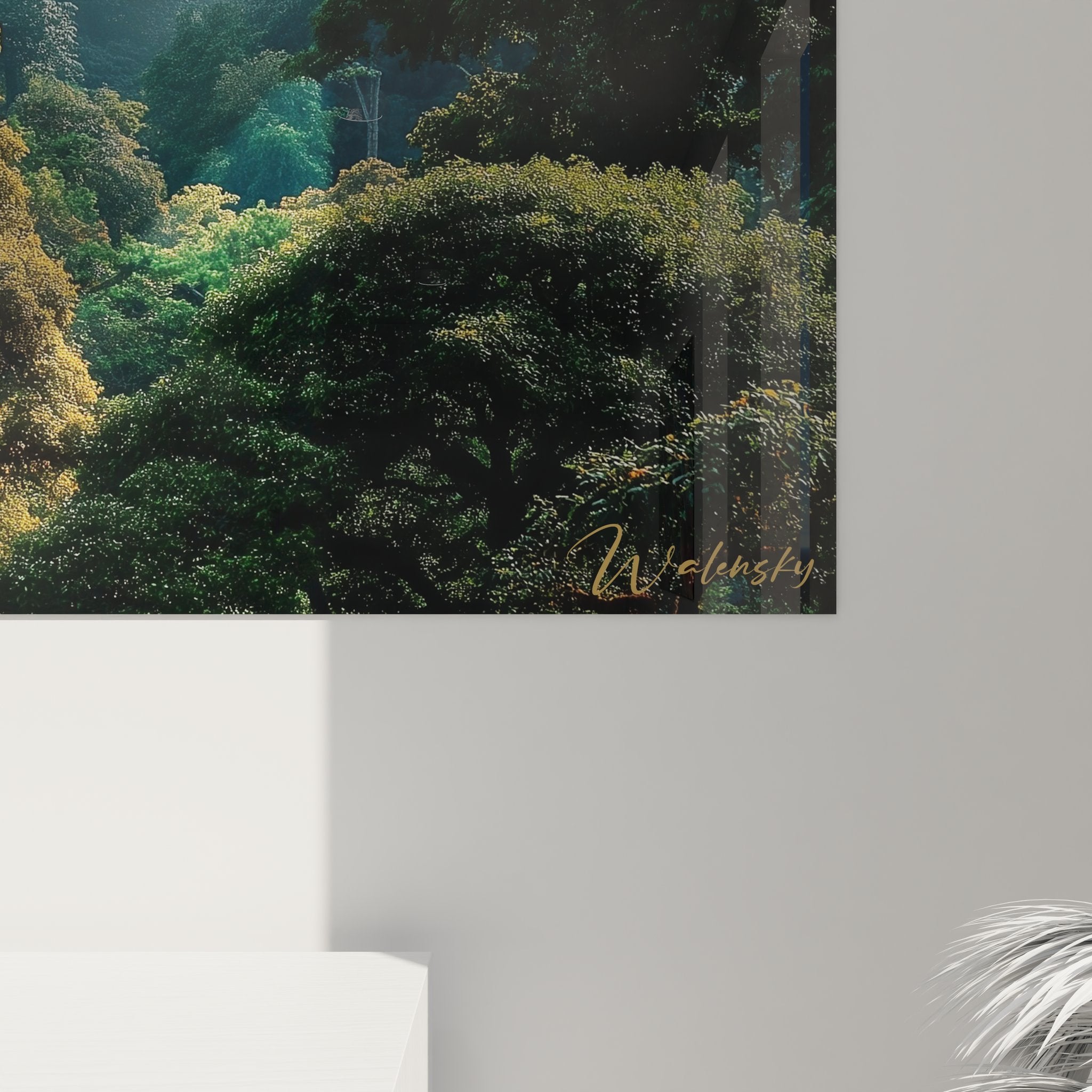 Vue ensemble tableau canopée brumeuse, art mural forêt tropicale premium