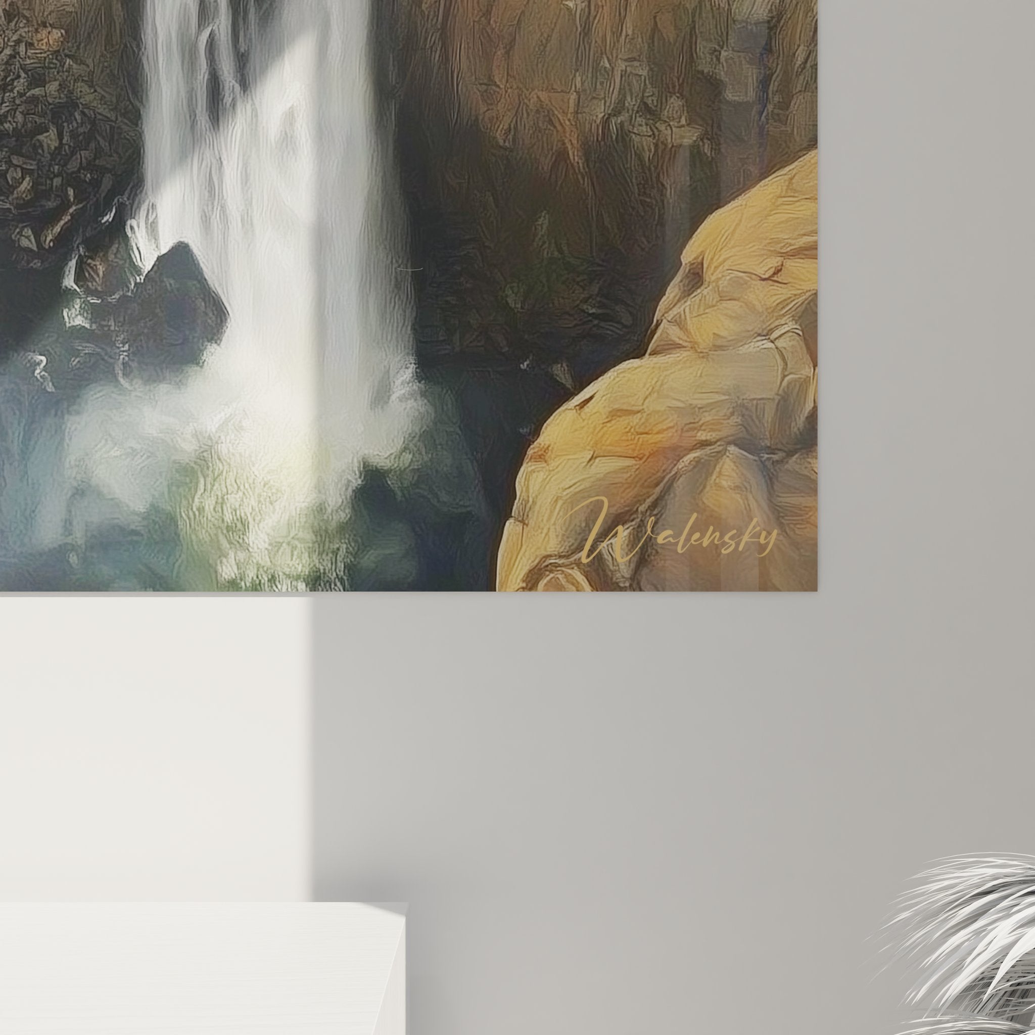 Vue ensemble tableau mural canyon cascade, paysage rocheux falaises stratifiées