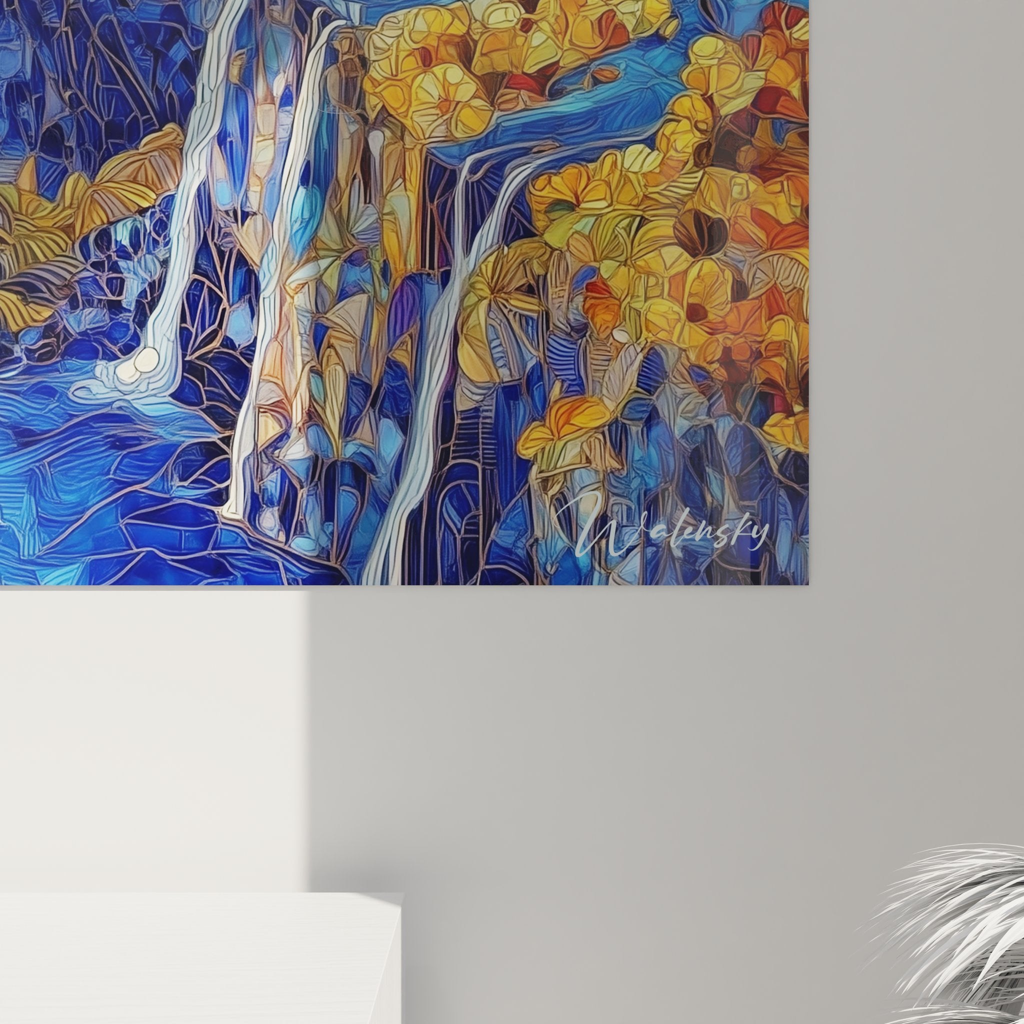 Vue ensemble tableau mural cascade canyon, art décoratif nature tons bleus dorés