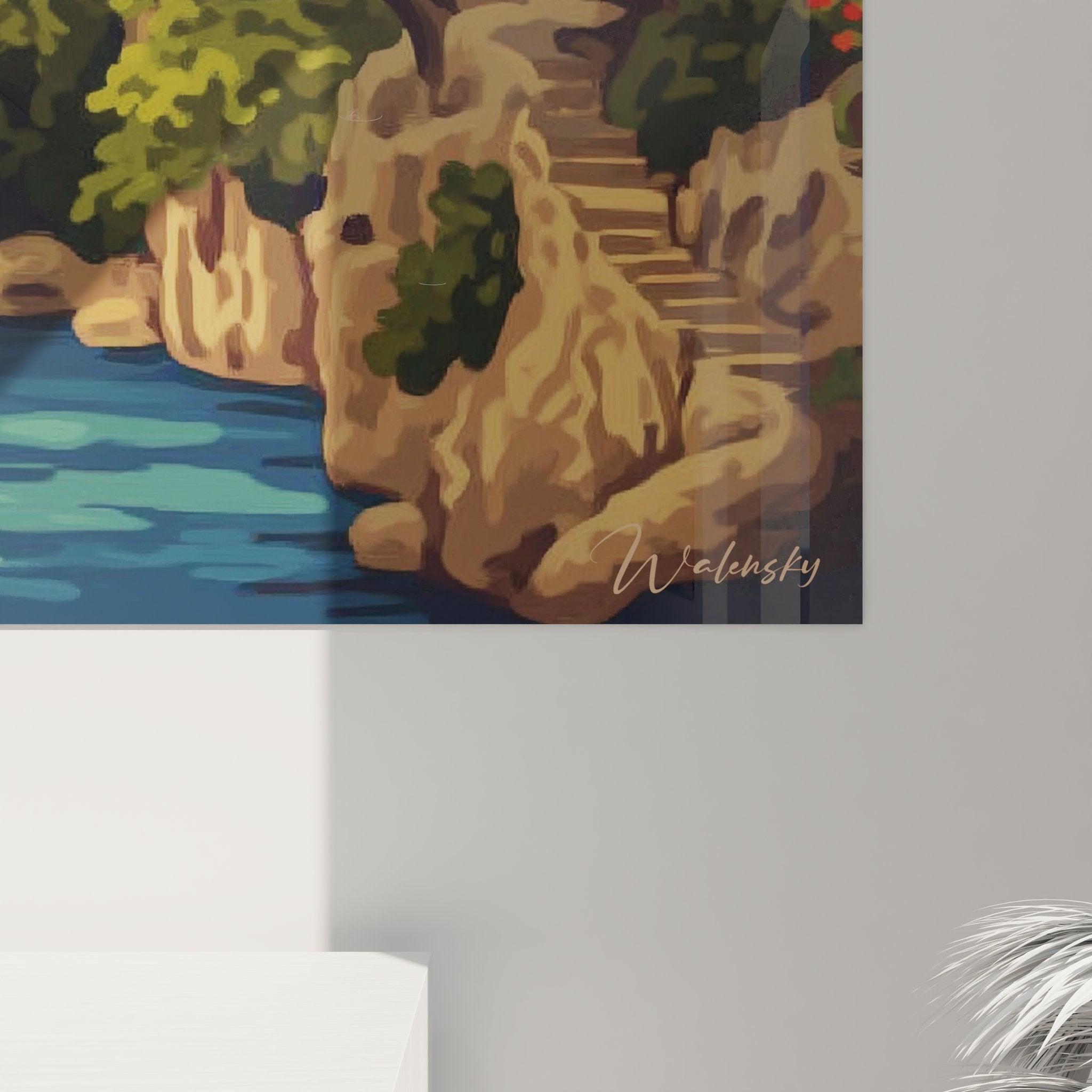 Vue ensemble tableau mural canyon tropical, composition complète oasis et formations rocheuses