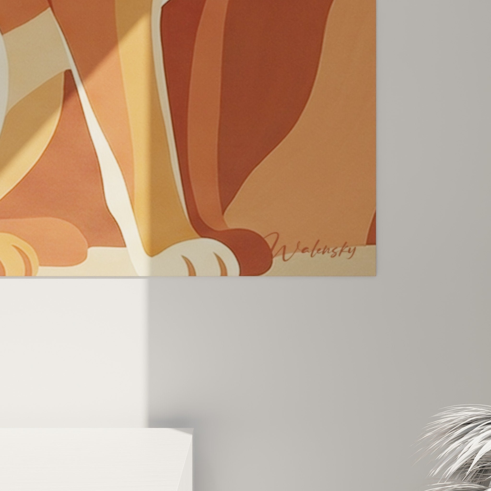 Übersichtsansicht Caracal-Gemälde in Ockertönen, sanfte geometrische Komposition, beige-orangefarbenes Farbspektrum