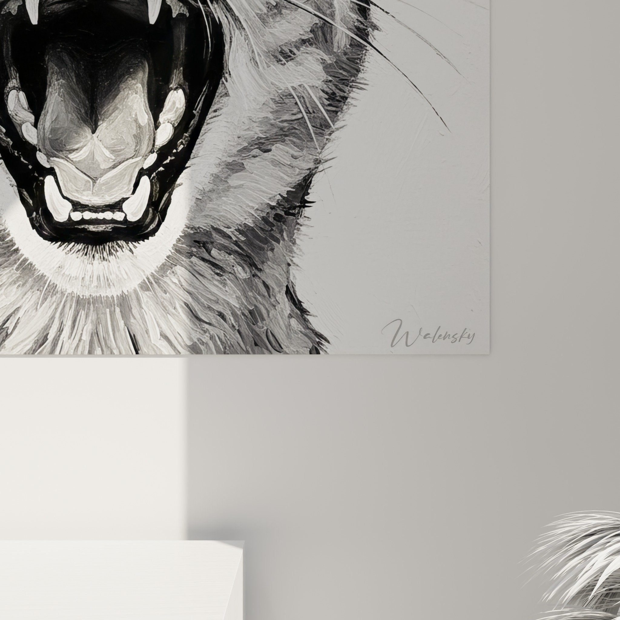Gesamtansicht Caracal Wandgemälde schwarz weiß Wohnzimmer zeitgenössische Inneneinrichtung Dekoration authentischer wilder Naturstil