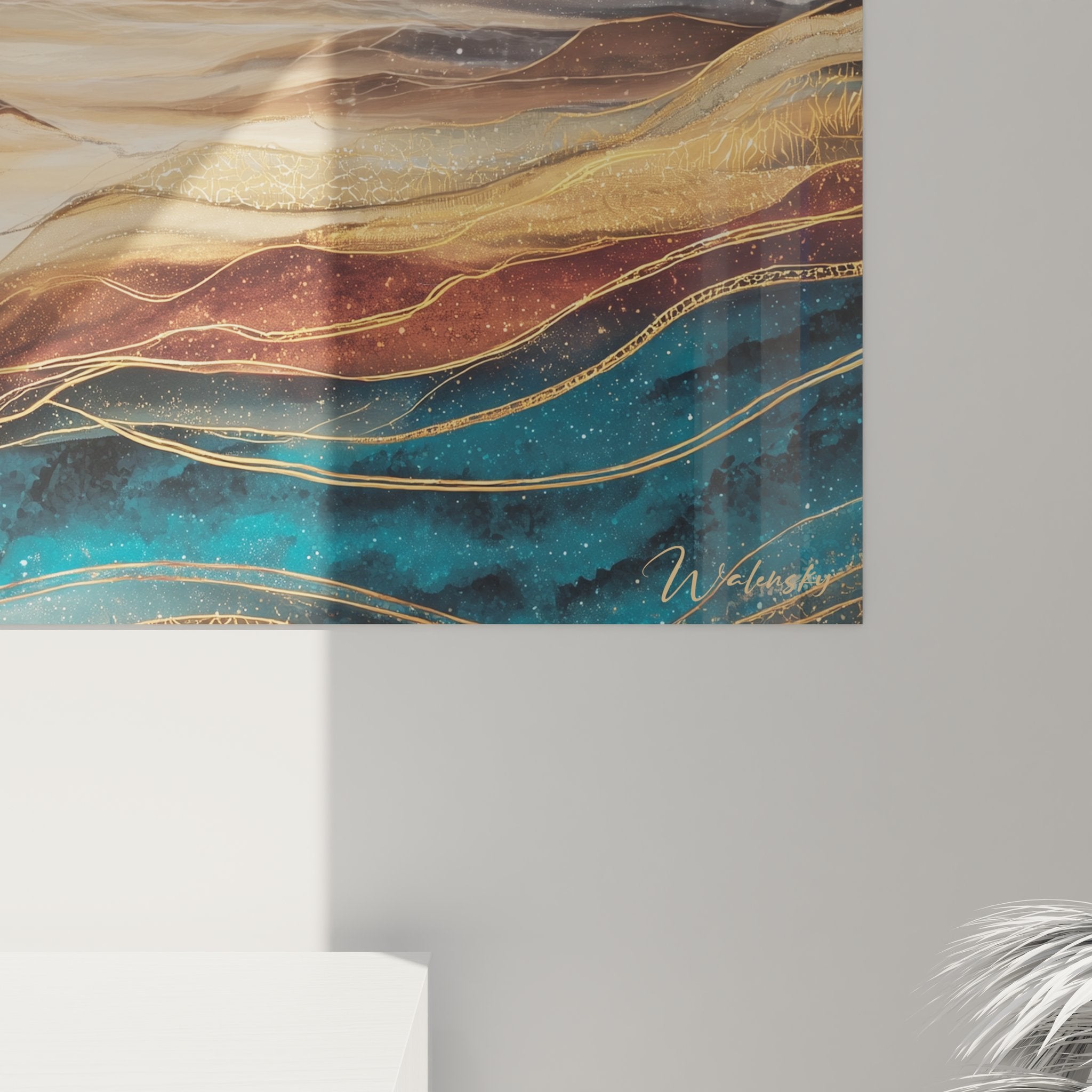 Vue ensemble tableau mural caravane désert chameaux décoration orientale tons dorés bleus