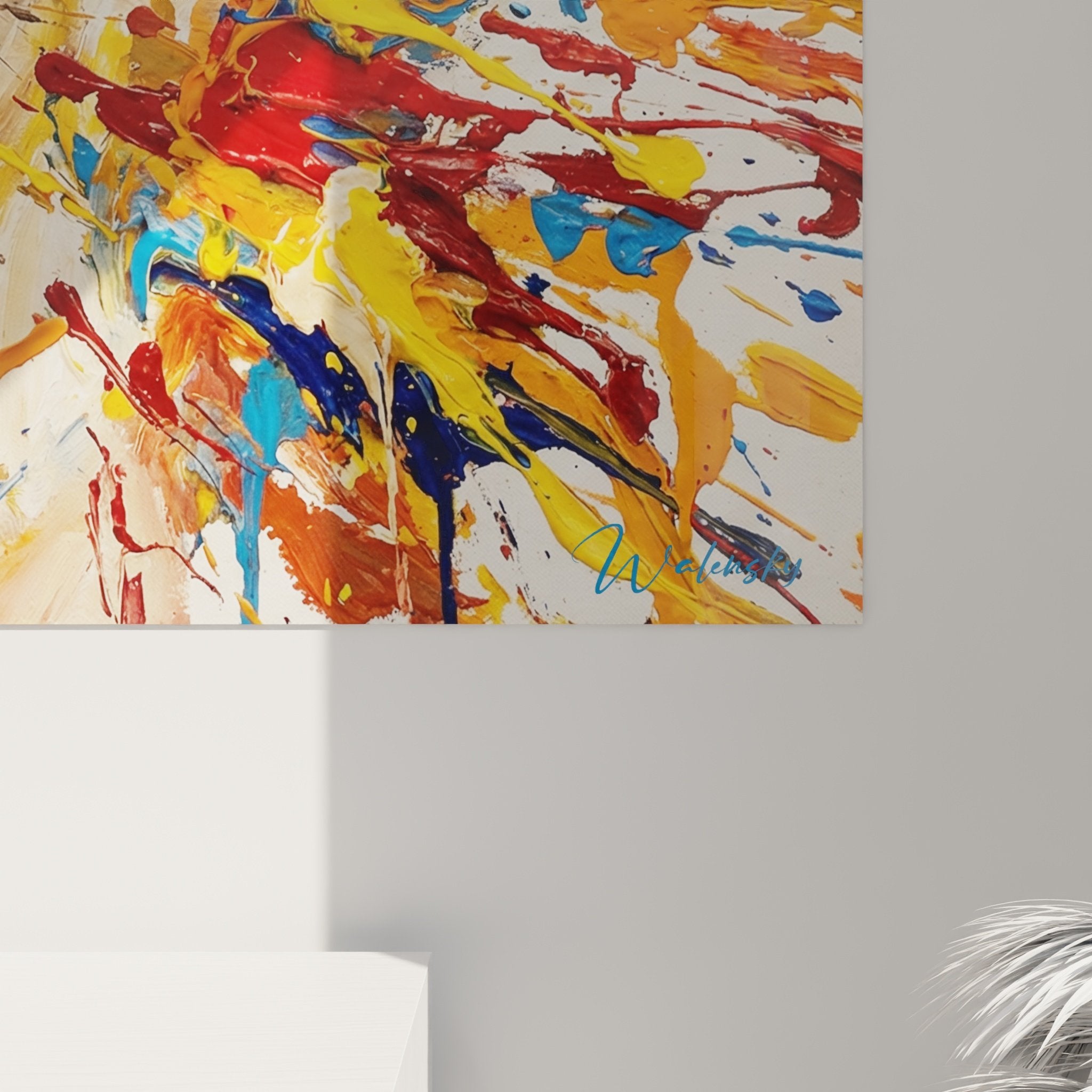 Overview of expressionist pug painting with vibrant colors in minimalist modern interior
