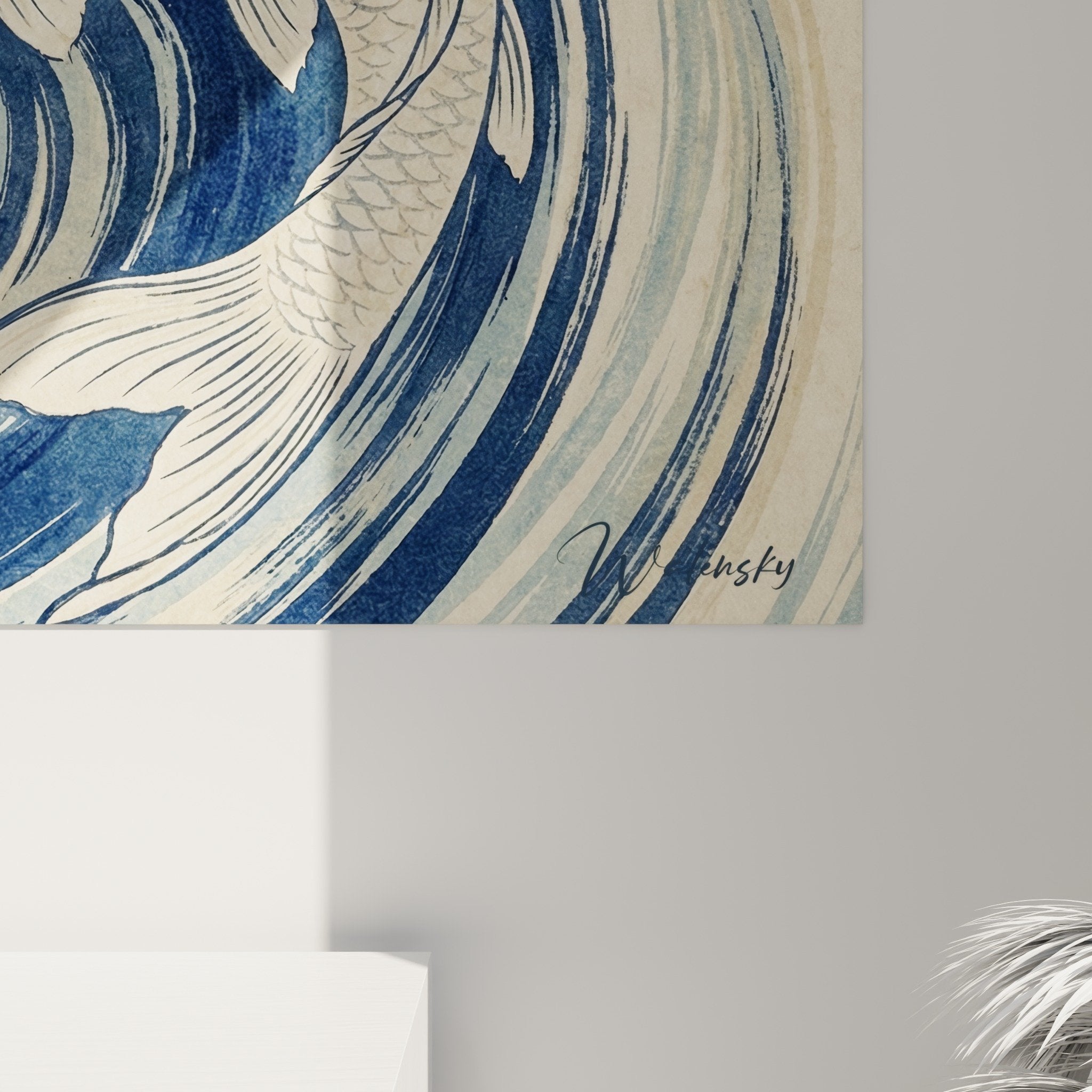 Vue d'ensemble tableau mural carpes entrelacées tourbillon bleu beige décoration murale harmonieuse