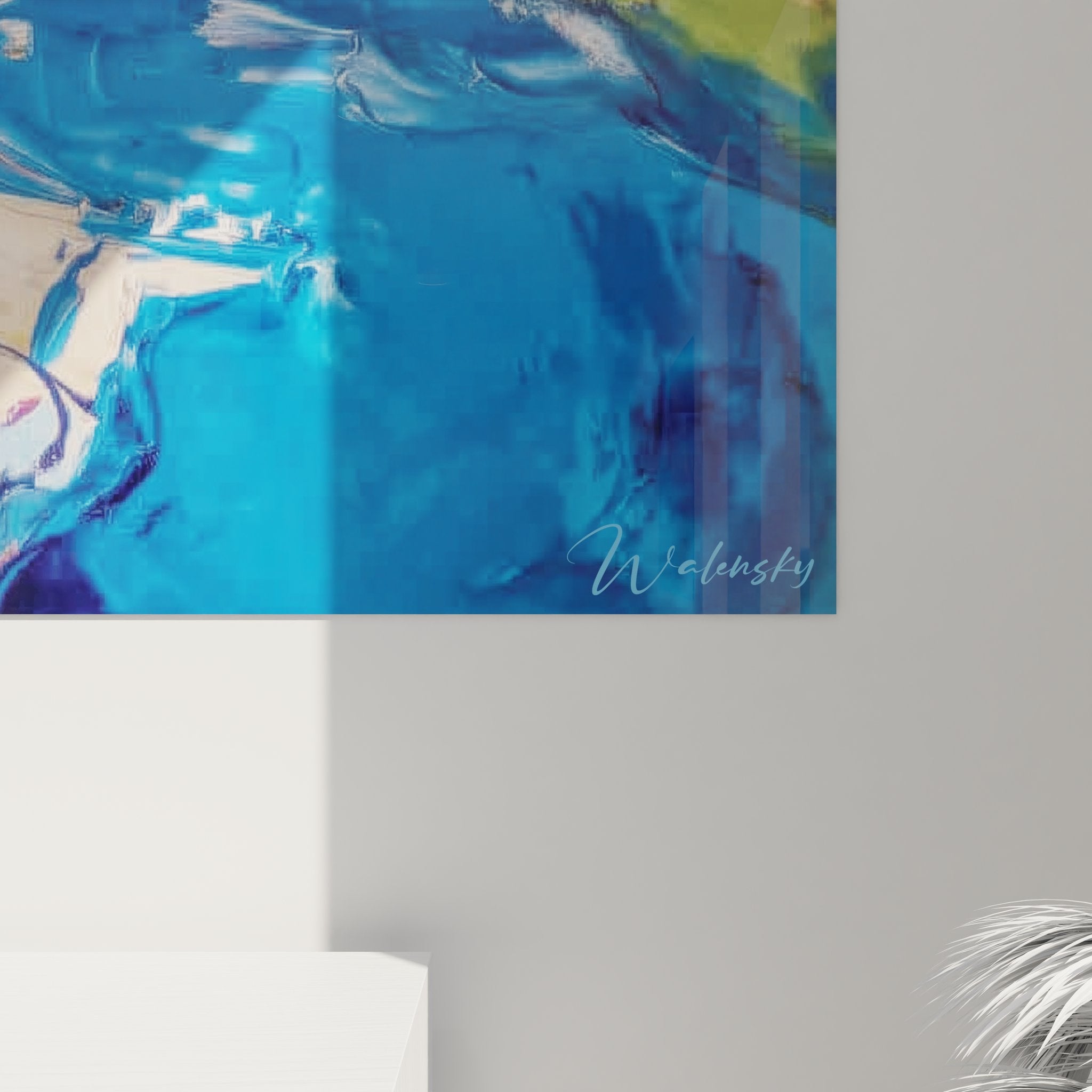 Vue ensemble tableau mural cascade abstraite bleue - œuvre art moderne avec chute d'eau impressionniste