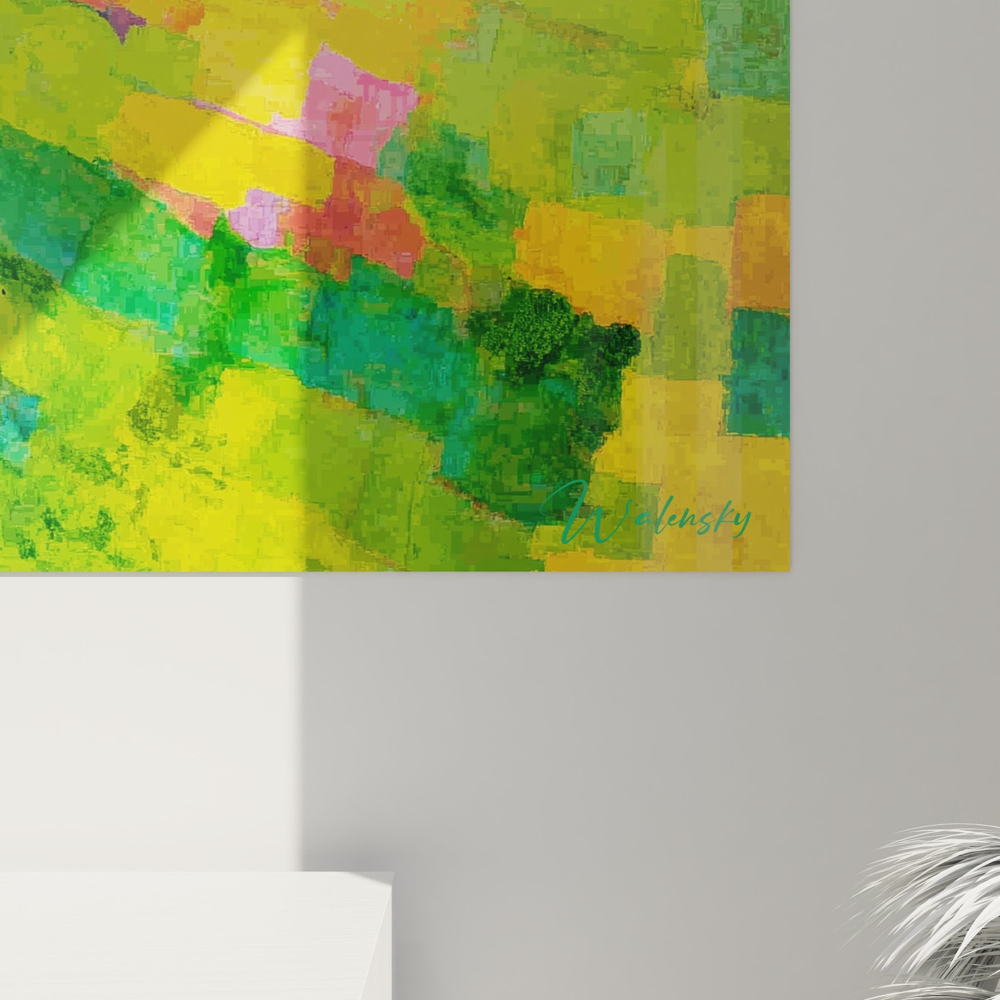 Vue ensemble tableau mural cascade arc-en-ciel style psychédélique art contemporain coloré