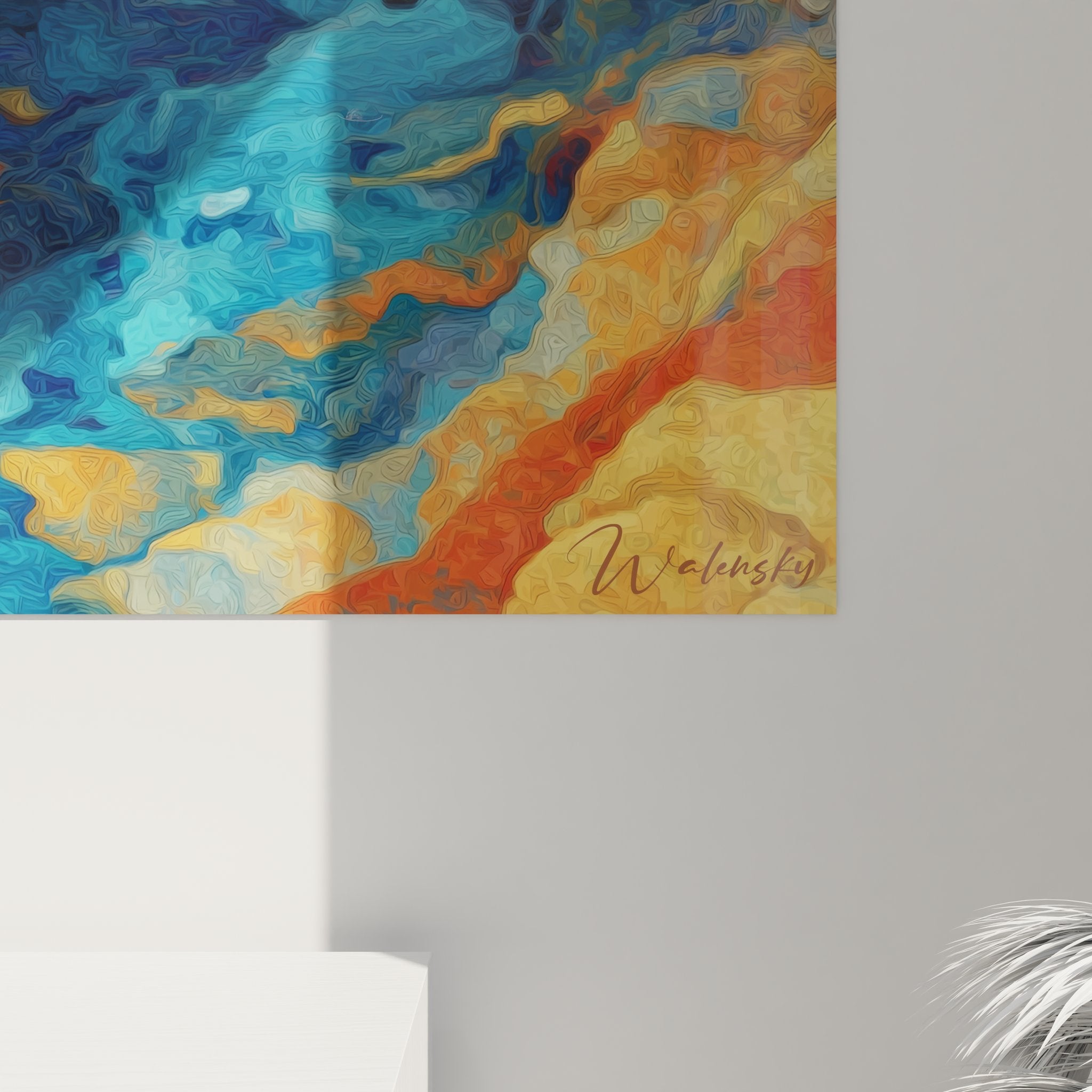 Vue ensemble tableau mural cascade céleste art contemporain décoration intérieure design moderne