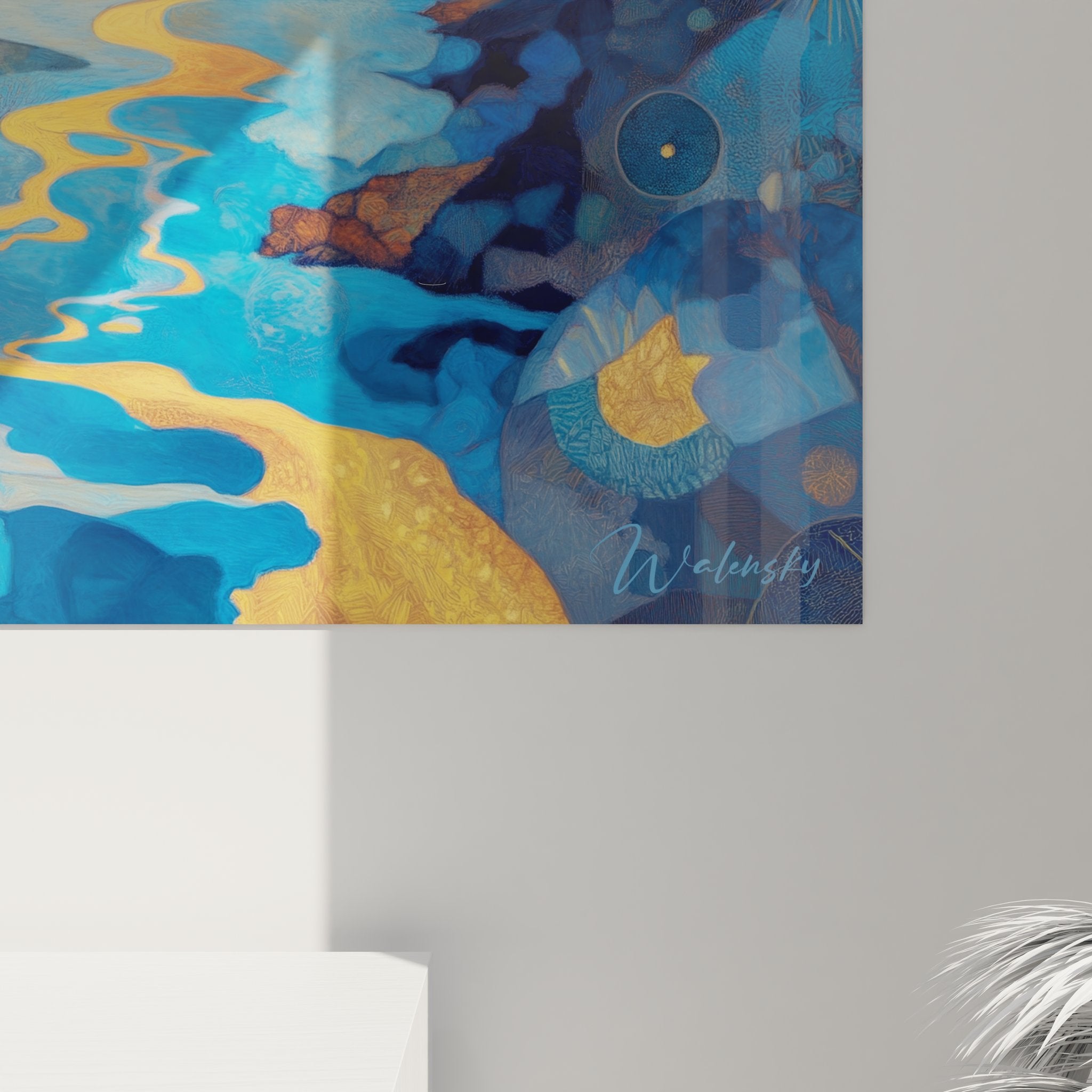 Vue d'ensemble tableau mural cascade moderne, composition complète art décoratif contemporain