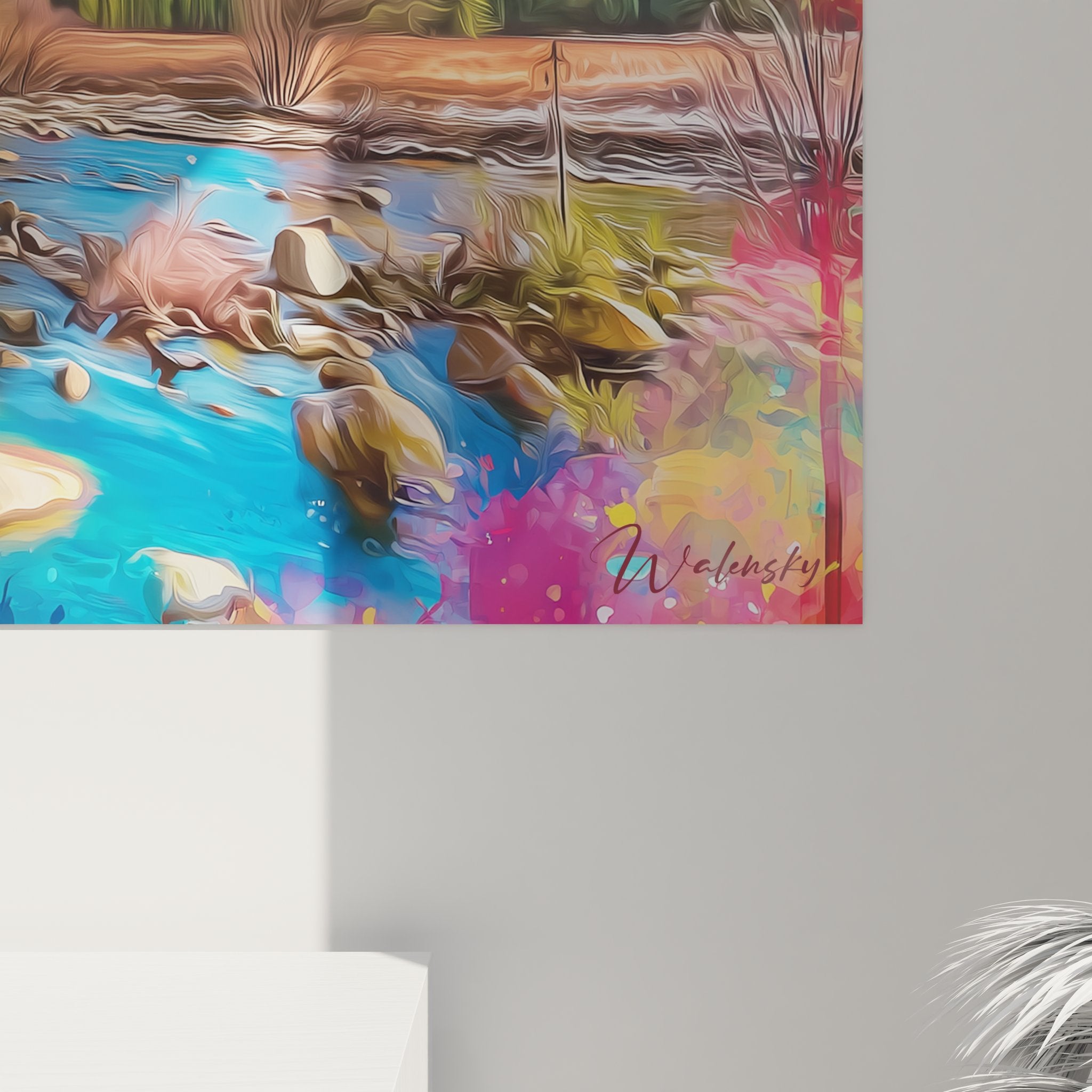 Vue ensemble tableau cascade vallée montagnarde art mural grand format décoration intérieure