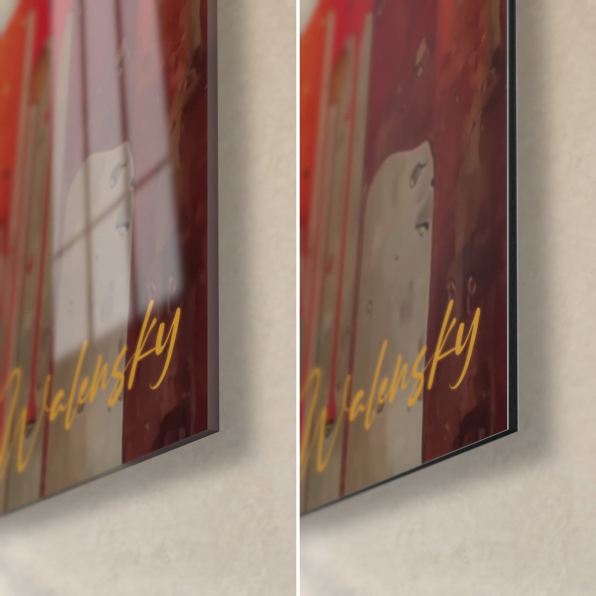 Wall art red and yellow wooden staircase with paint drips, bottom-right corner in glossy glass and matte Dibond, 3 mm thick
