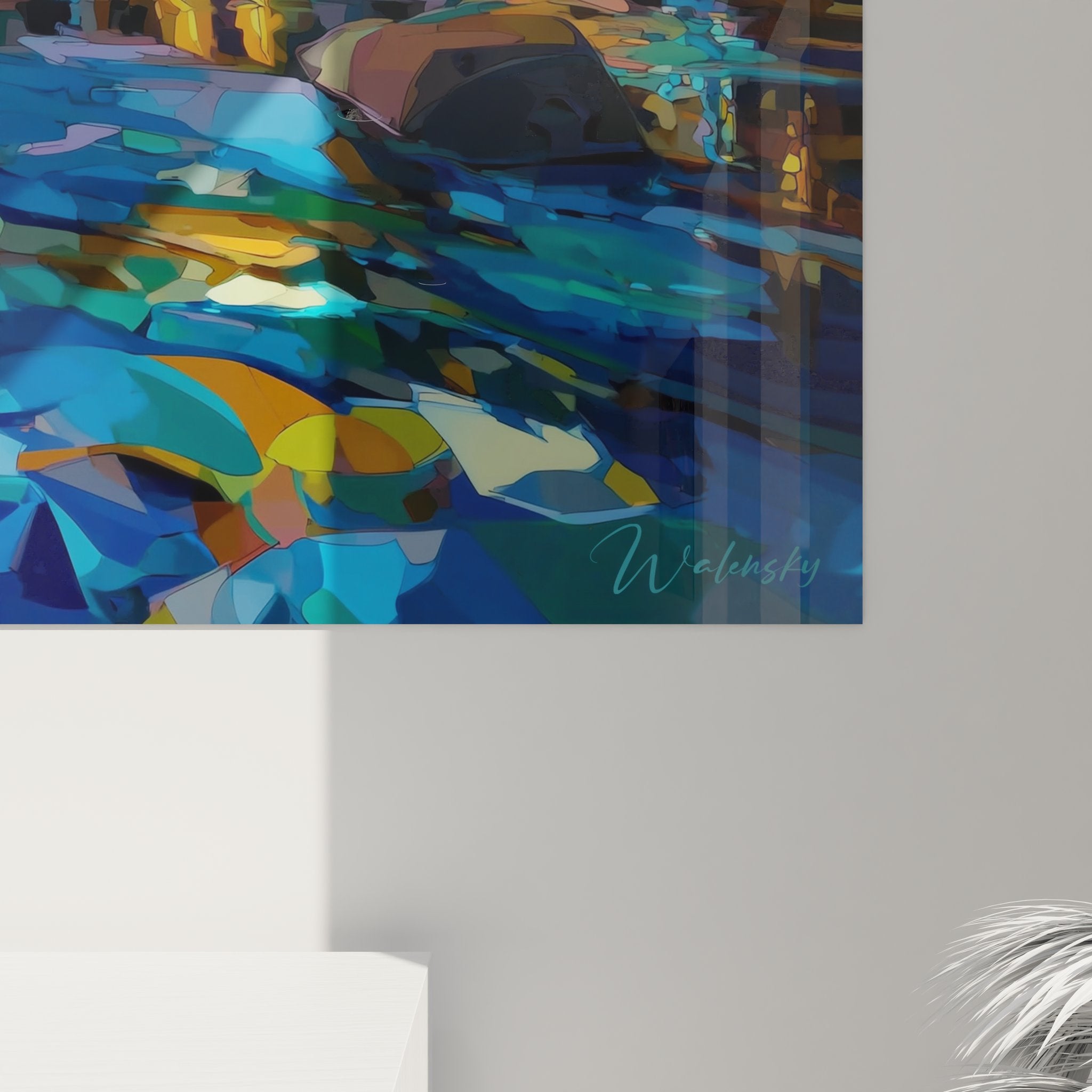 Vue ensemble tableau mural cascade nature avec chute eau multicolore et végétation aquatique luxuriante