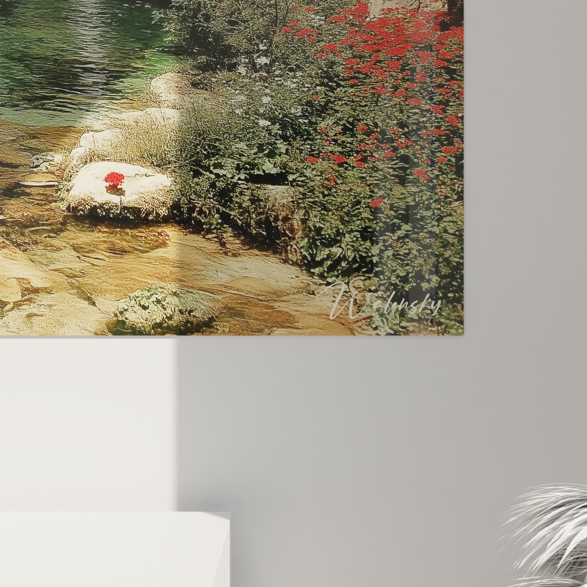 Vue ensemble tableau cascade naturelle dans intérieur moderne, art mural paysage zen