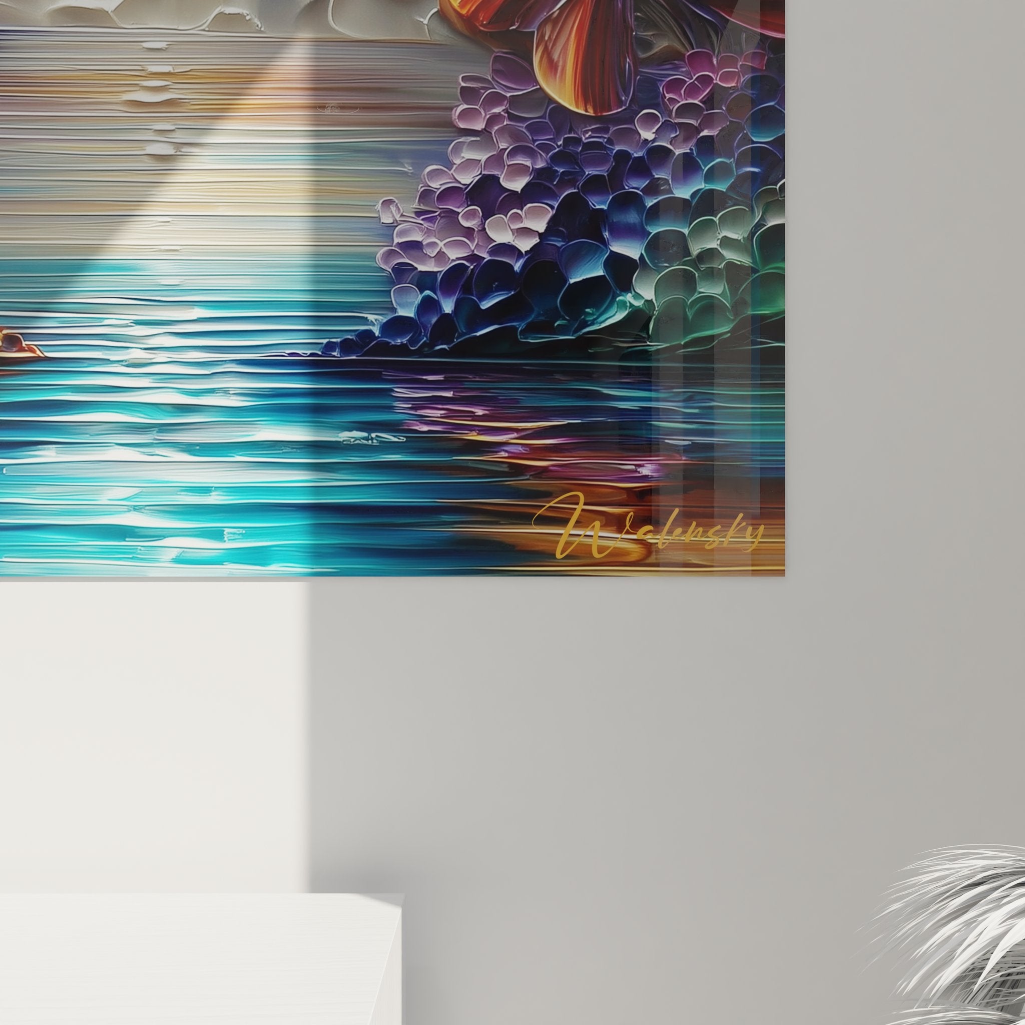Vue ensemble tableau cascade fantastique avec chute d'eau multicolore et paysage surréaliste