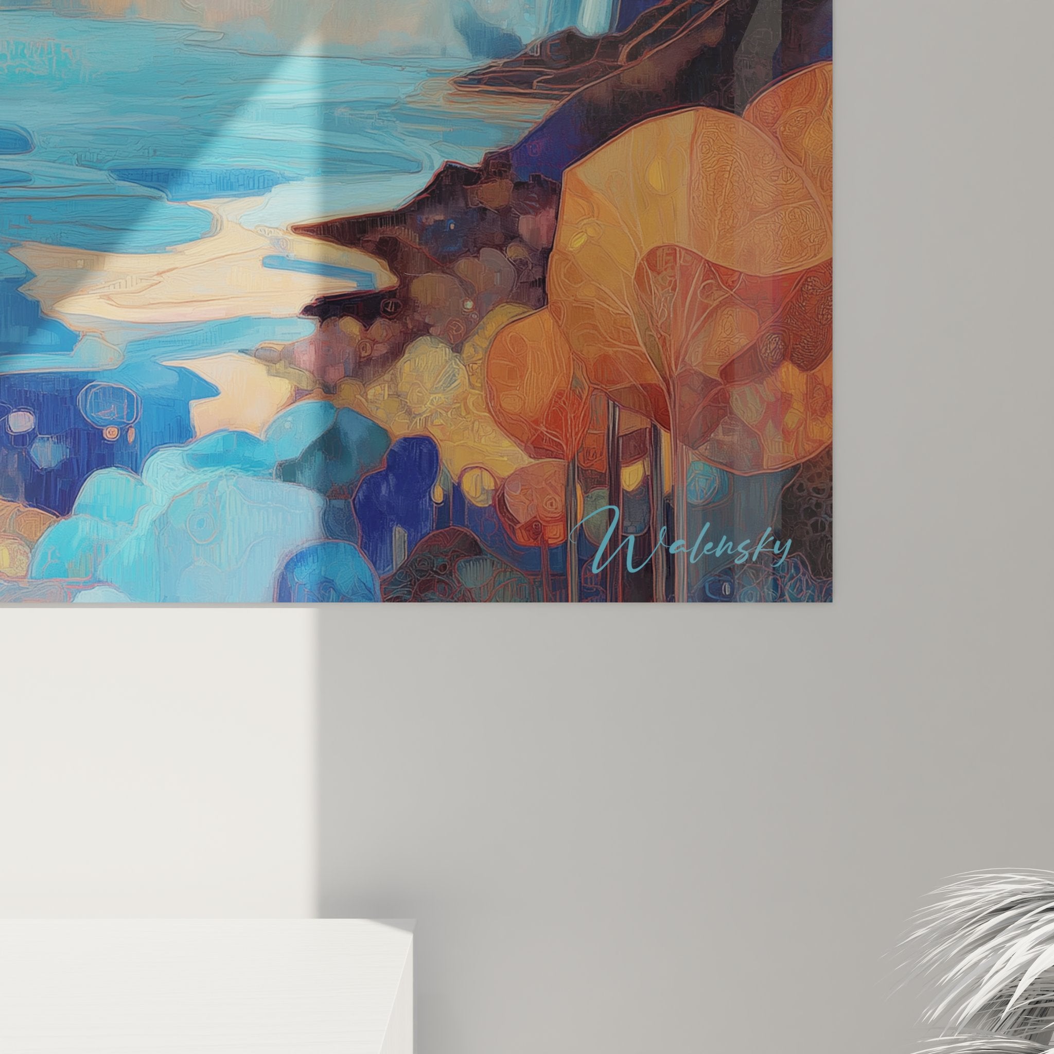 Vue ensemble tableau mural cascade stylisée paysage automne art décoratif salon moderne