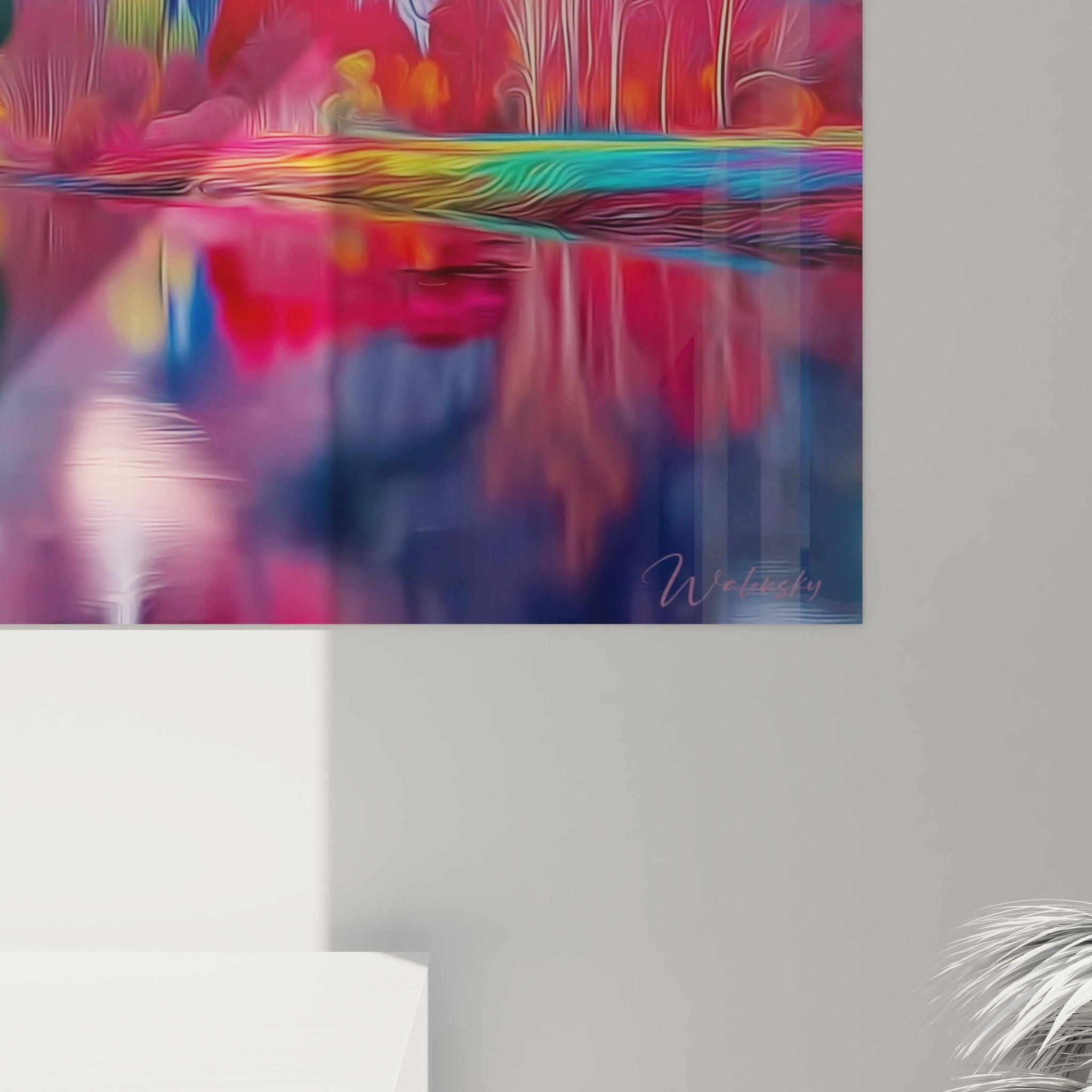 Vue ensemble tableau mural cascade fantastique avec paysage montagneux aux teintes iridescentes