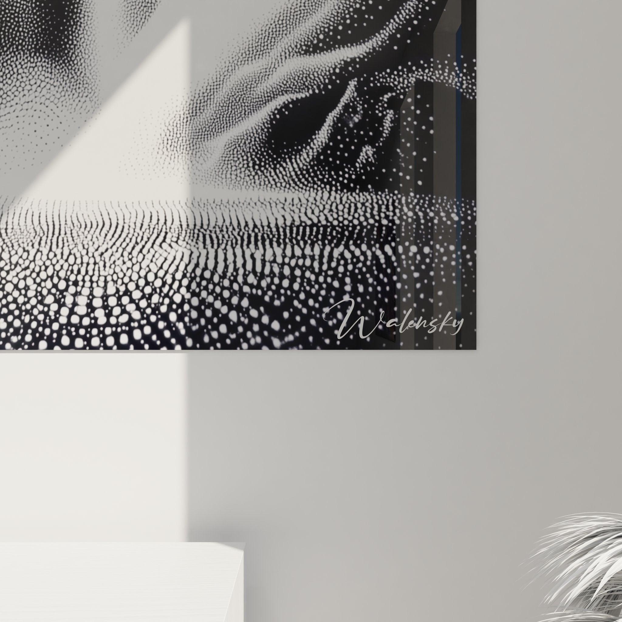 Vue ensemble tableau mural cascade pointillisme noir blanc art décoratif moderne