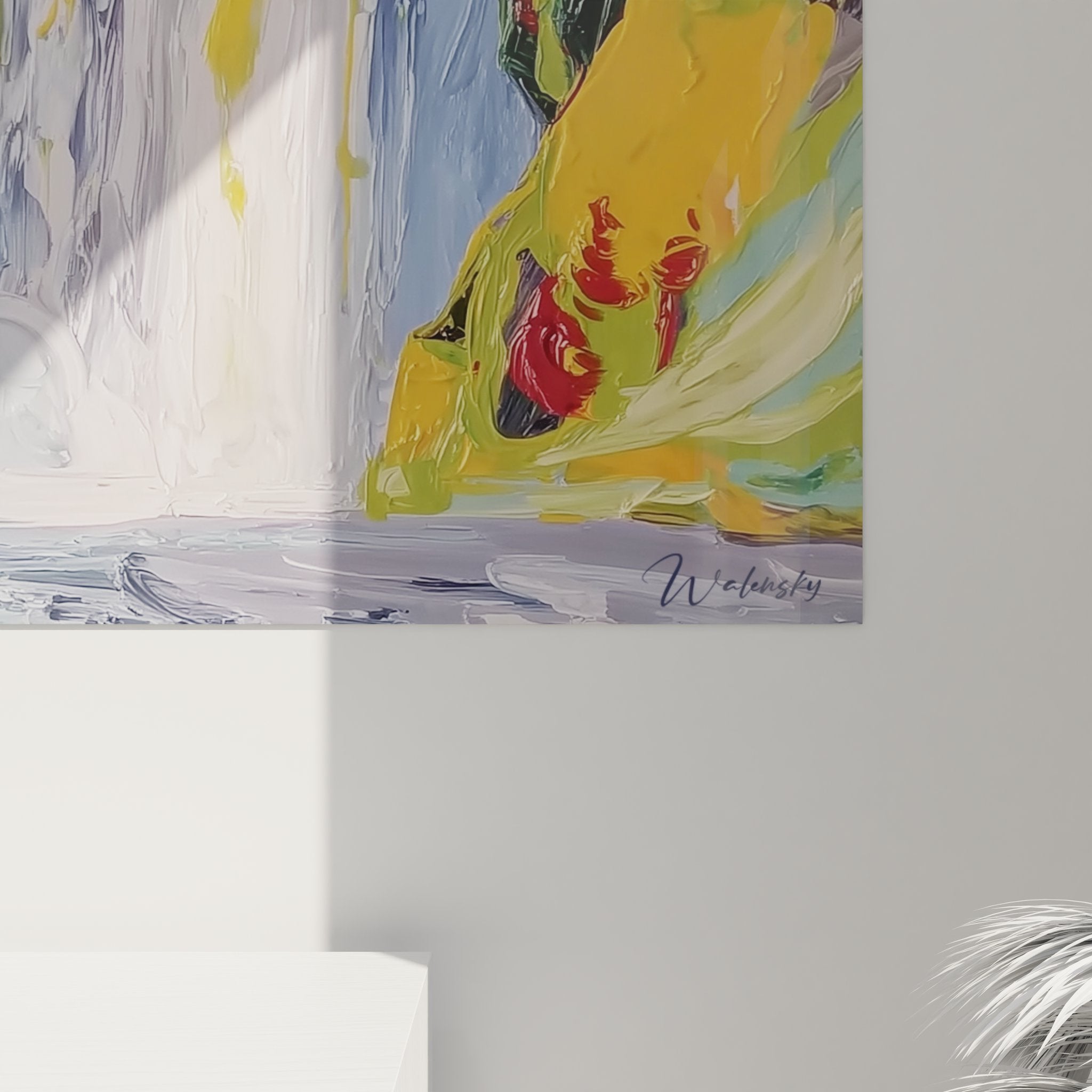 Vue d'ensemble tableau mural cascade impressionniste avec rochers colorés et chute d'eau centrale