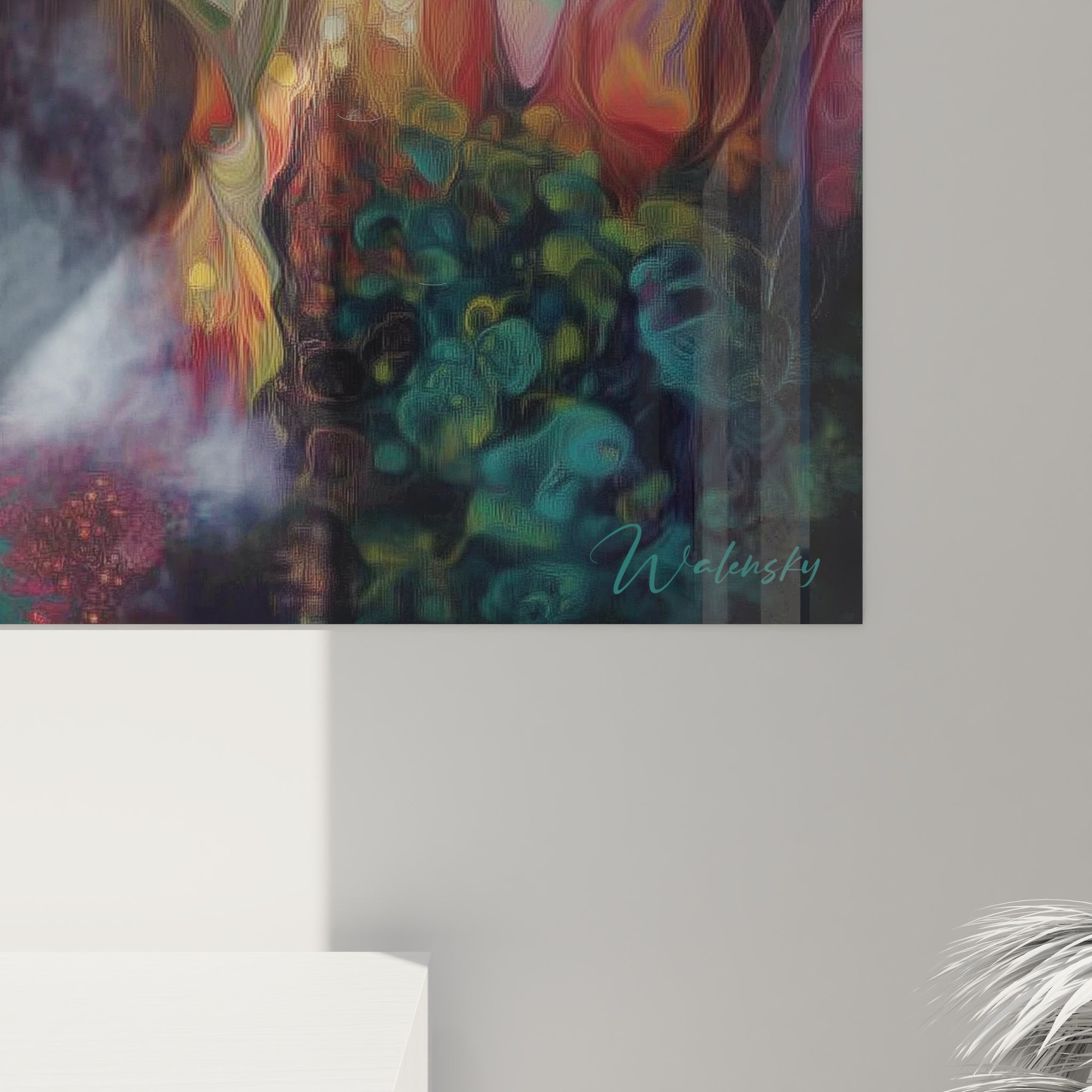 Vue ensemble tableau cascade visionnaire dans décoration moderne avec éclairage ambiant