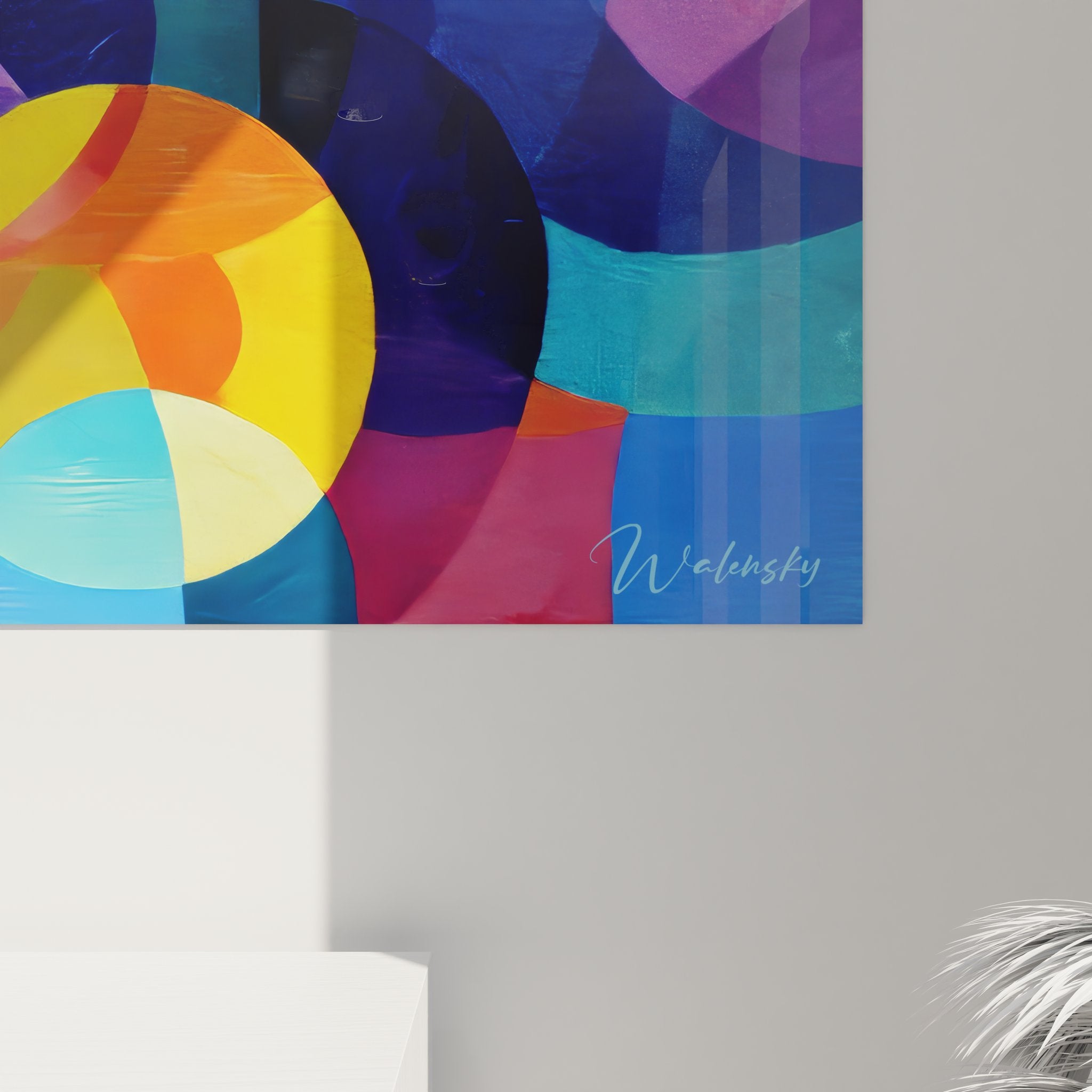 Vue ensemble tableau mural cercles géométriques colorés art abstrait décoration intérieure design