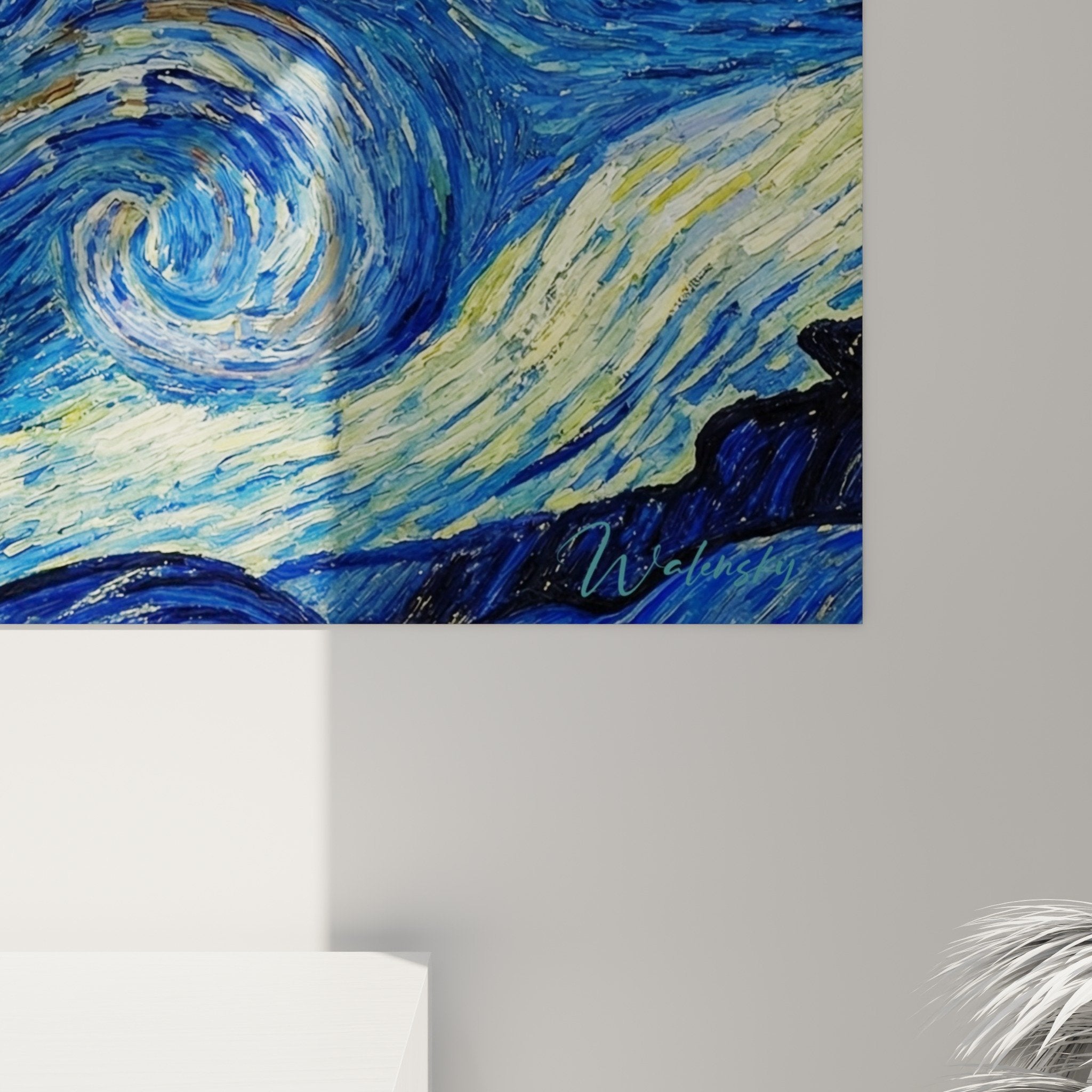 Vue d'ensemble tableau chauve-souris nuit céleste composition artistique bleu or sur mur intérieur