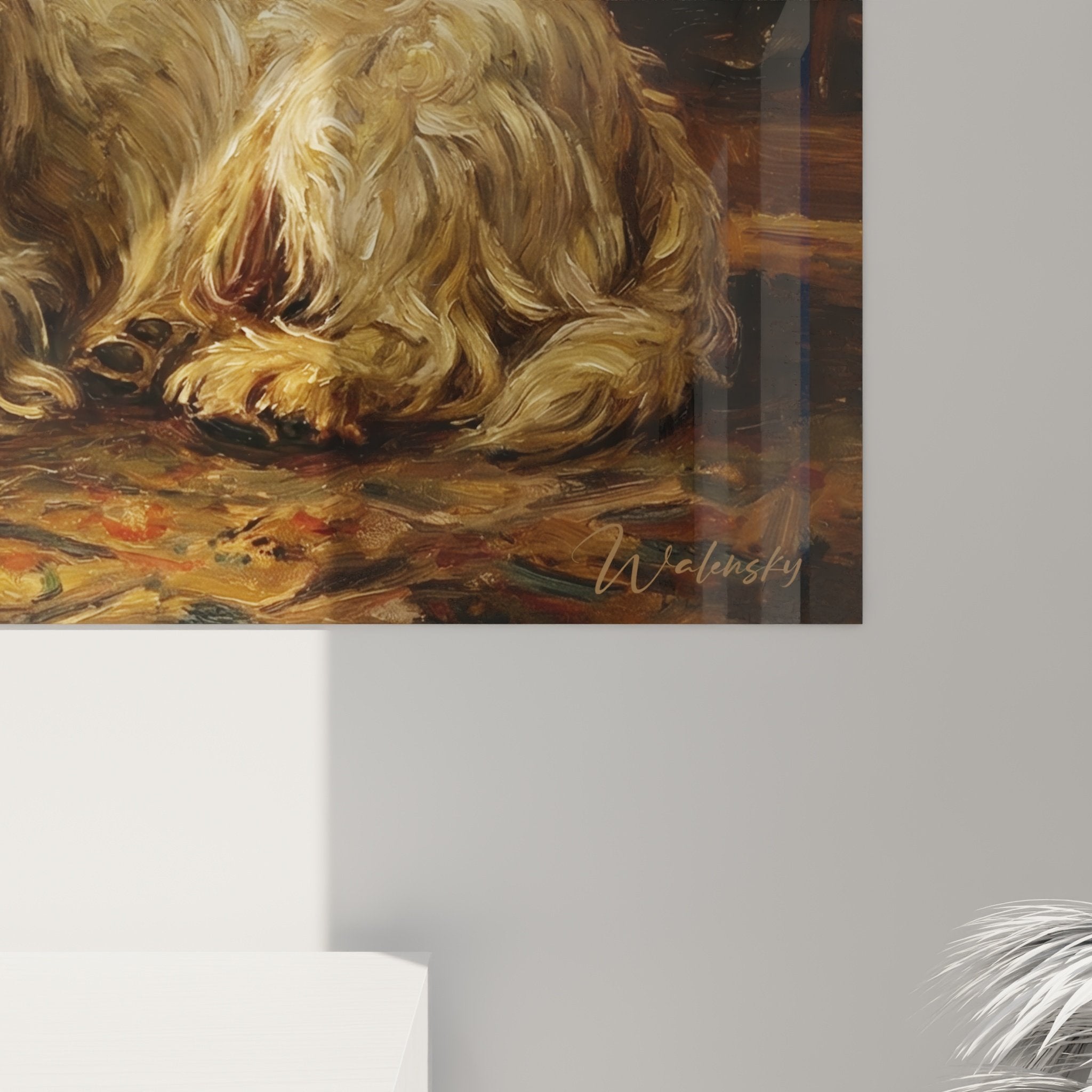 Gesamtansicht Gemälde weißer Hund Herberge warme Wanddekoration