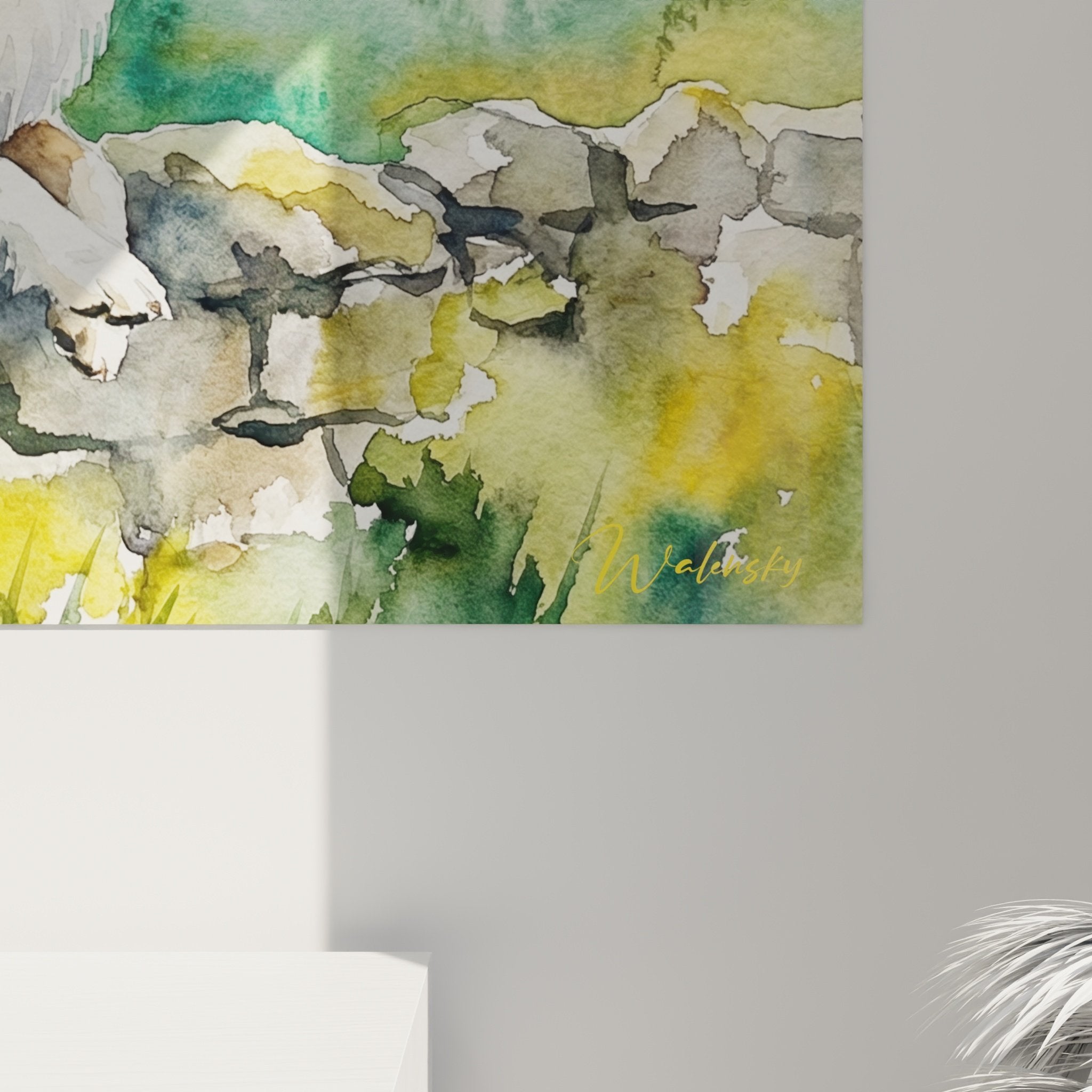 Vue d'ensemble tableau Berger des Shetland aquarelle avec paysage campagnard et ciel nuageux bleu