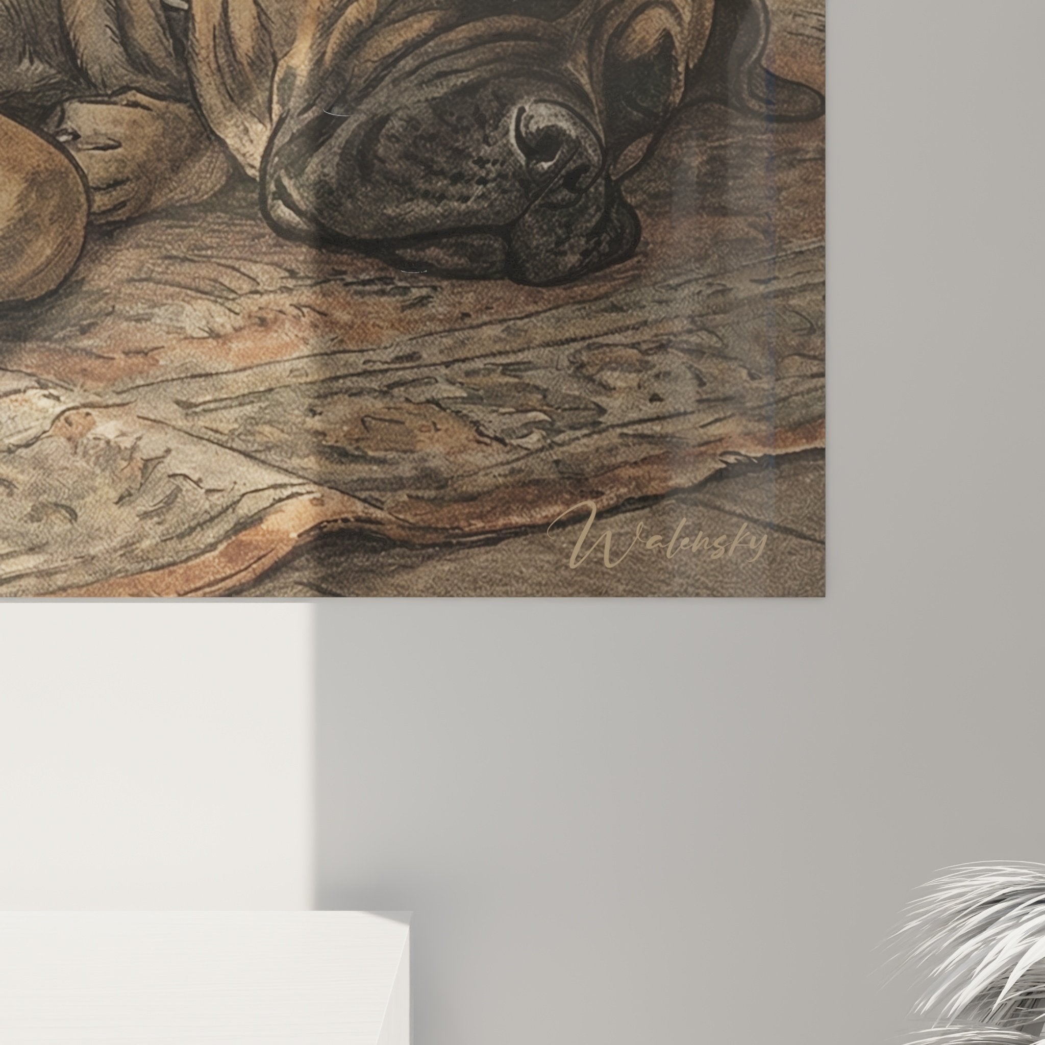 Vue d'ensemble tableau Bullmastiff au repos, œuvre animalière tons chauds pour décoration intérieure