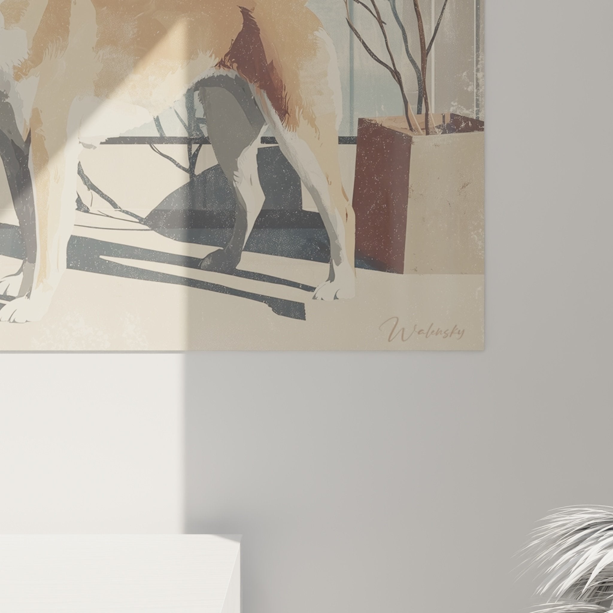 Overview of Japanese dog artwork near window with natural light and autumn foliage