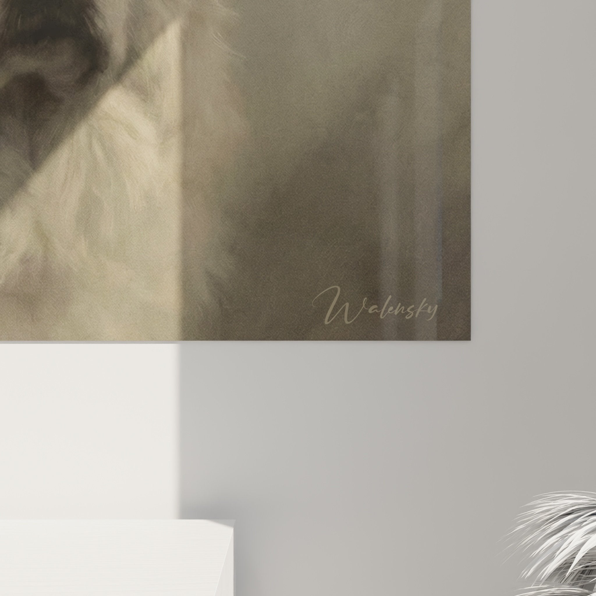 Overview of sepia dog portrait canvas in warm contemporary interior