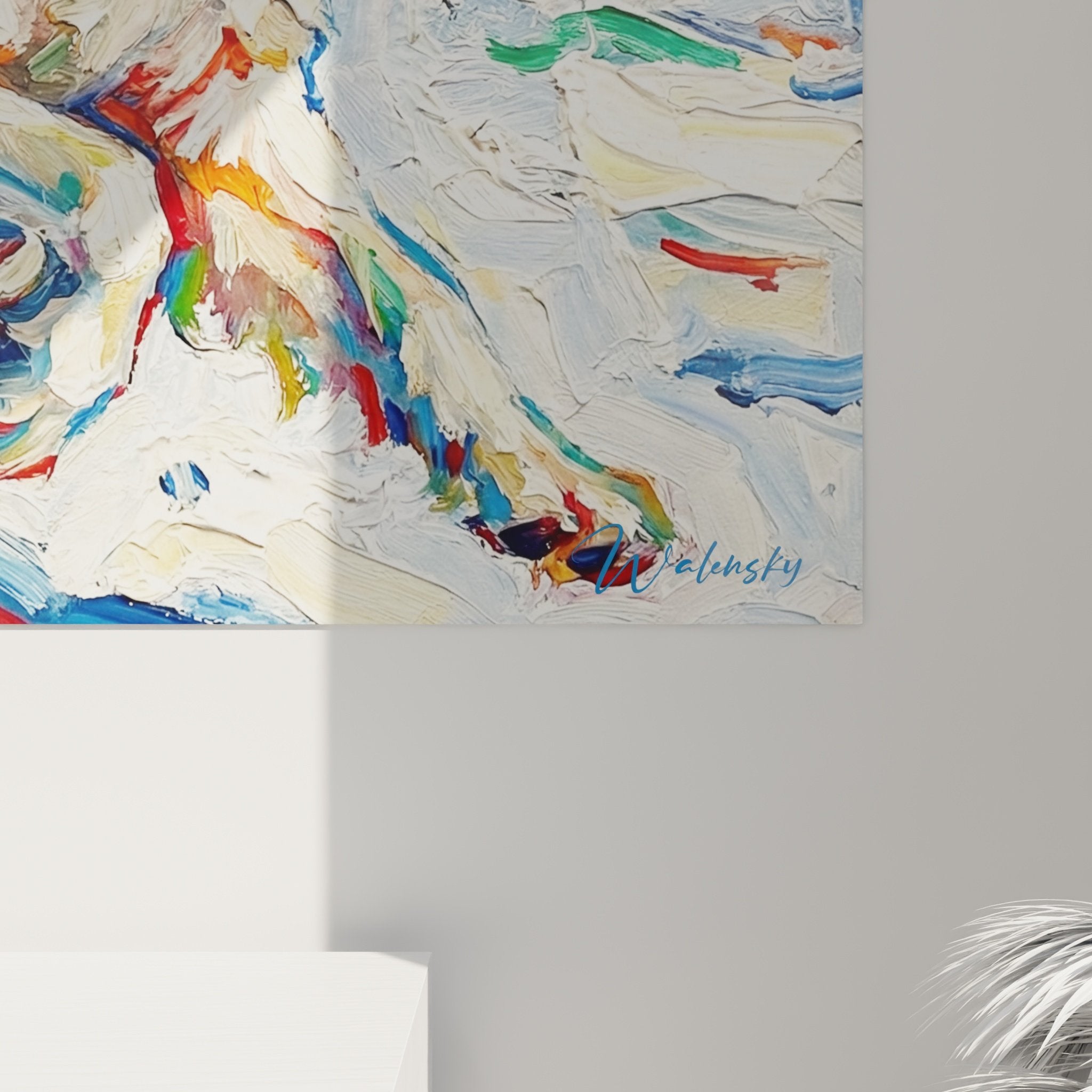 Vista d'insieme quadro cane bianco neve decorazione interiore stile montano Montagne dei Pirenei