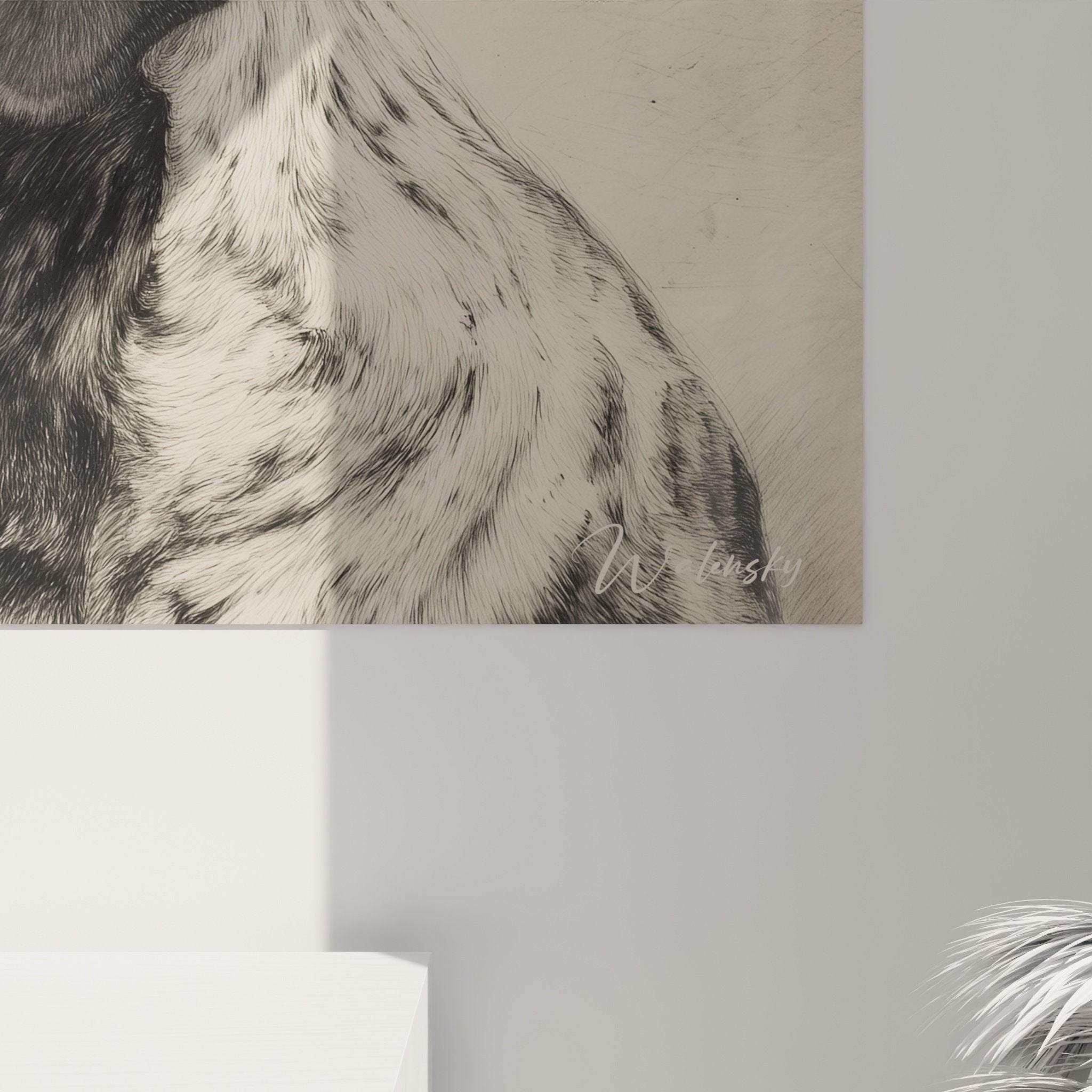 Vue d'ensemble du tableau portrait de chien noir et blanc dans un intérieur contemporain