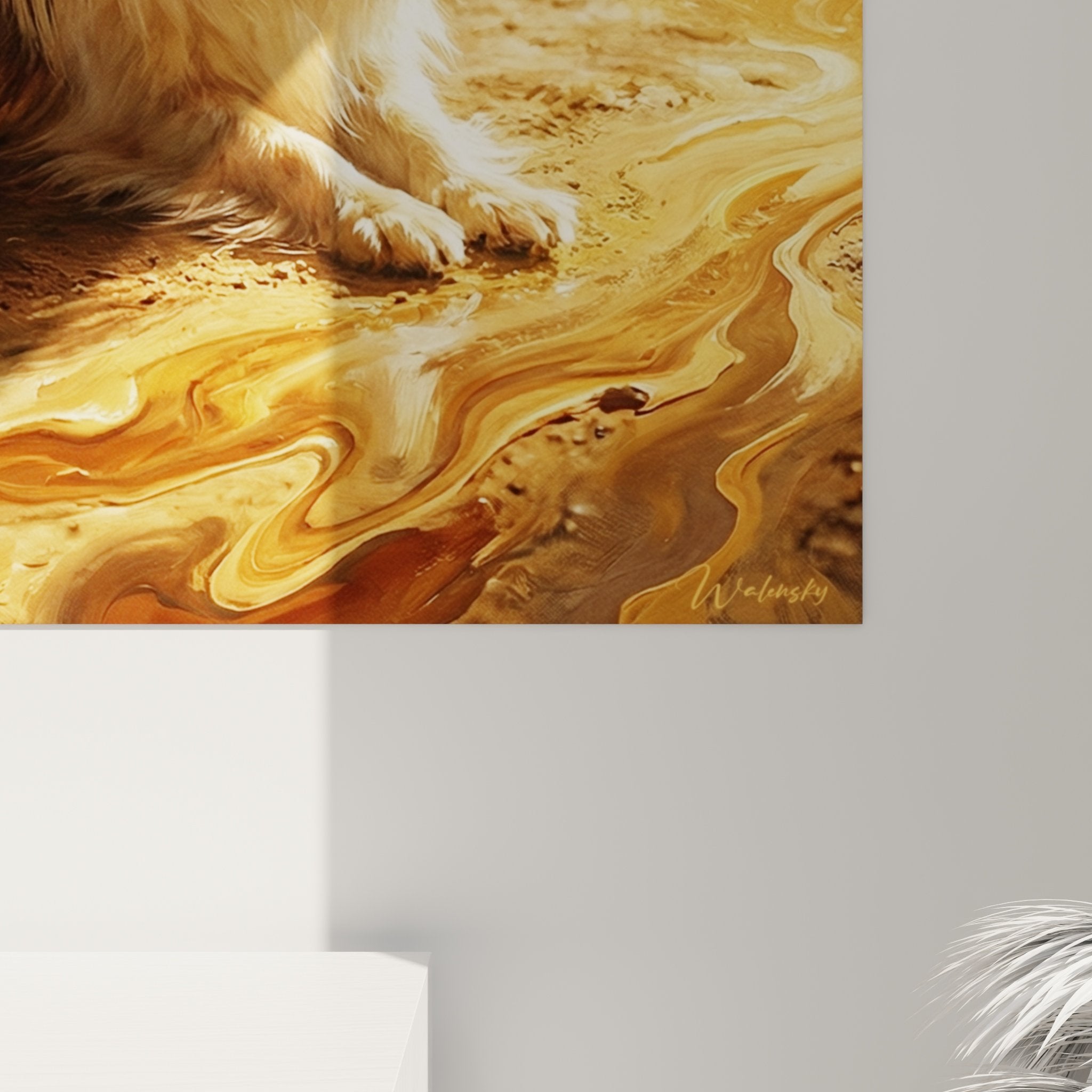 Vue ensemble tableau chien papillon coulées dorées sol ambré décoration intérieure