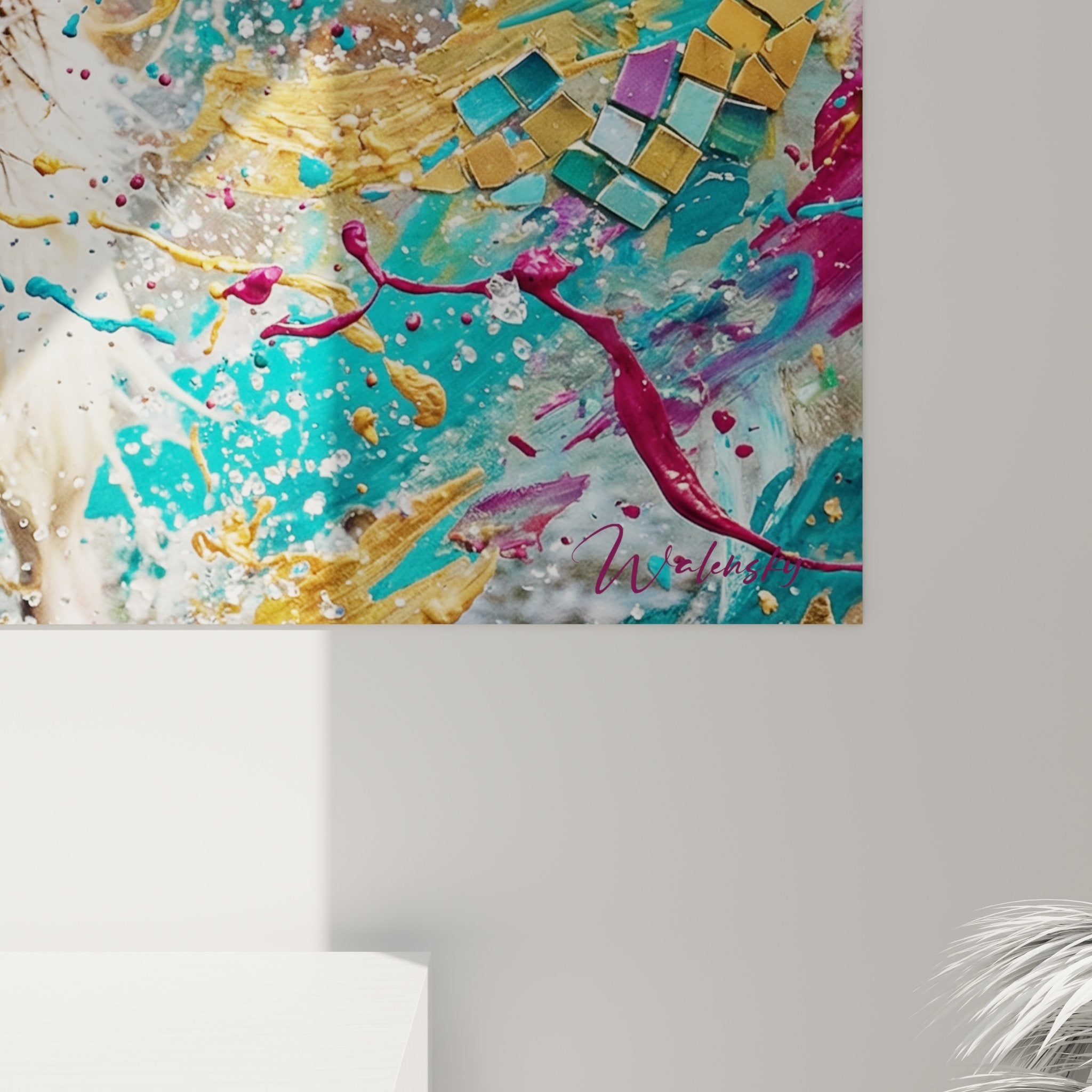 Vue d'ensemble tableau mural chien papillon style expressionniste moderne couleurs éclatantes déco salon