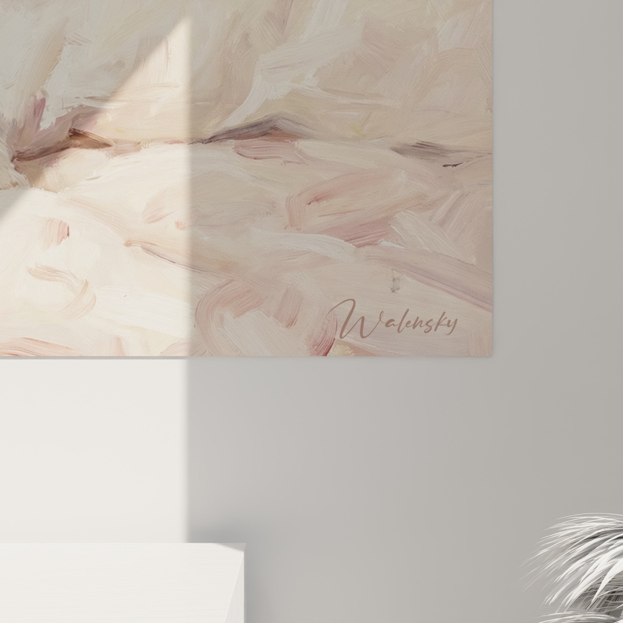 Vue d'ensemble tableau Fox Terrier repos literie - Œuvre complète chien tons roses beiges