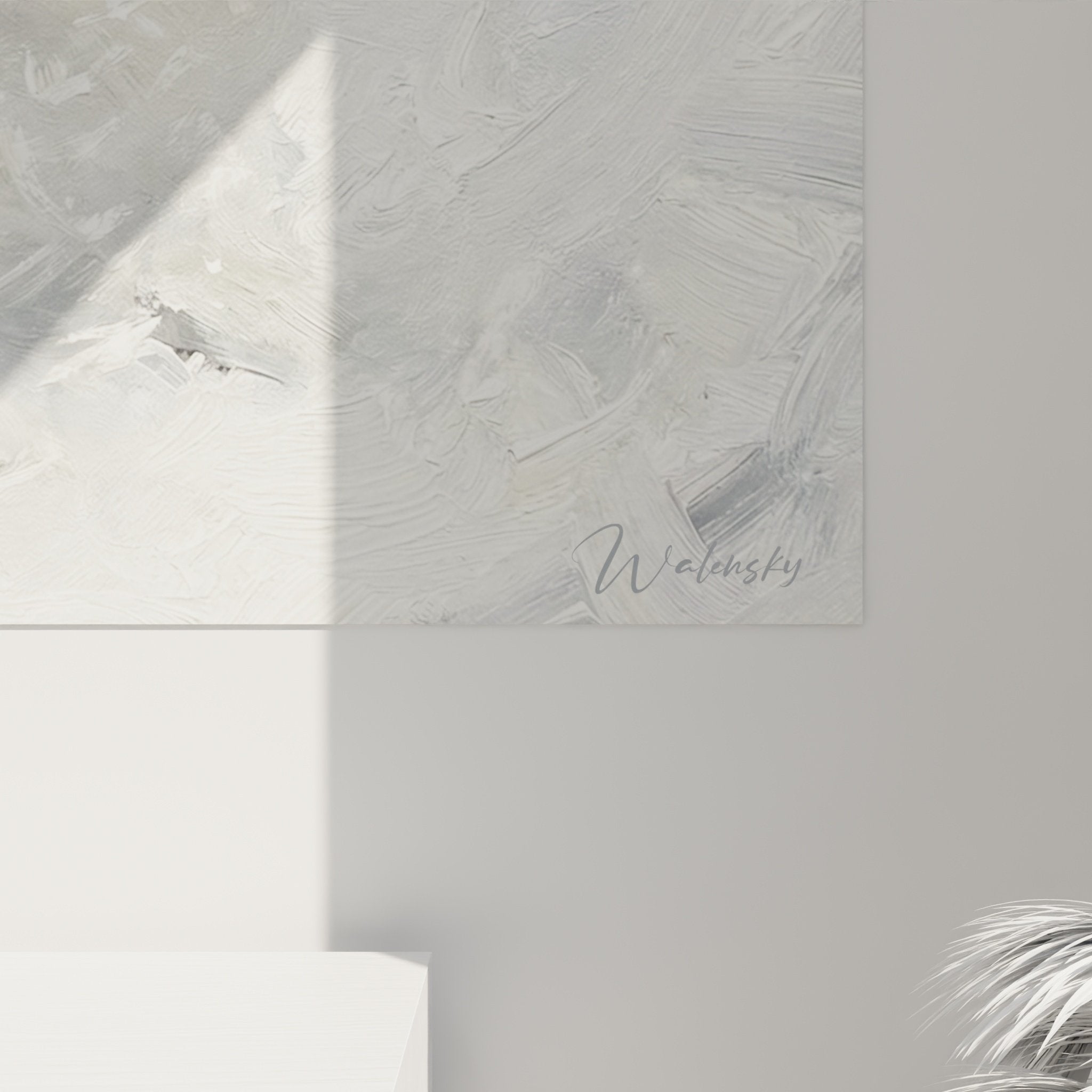 Vue d'ensemble tableau chien Spitz blanc, art mural animalier minimaliste pour salon moderne