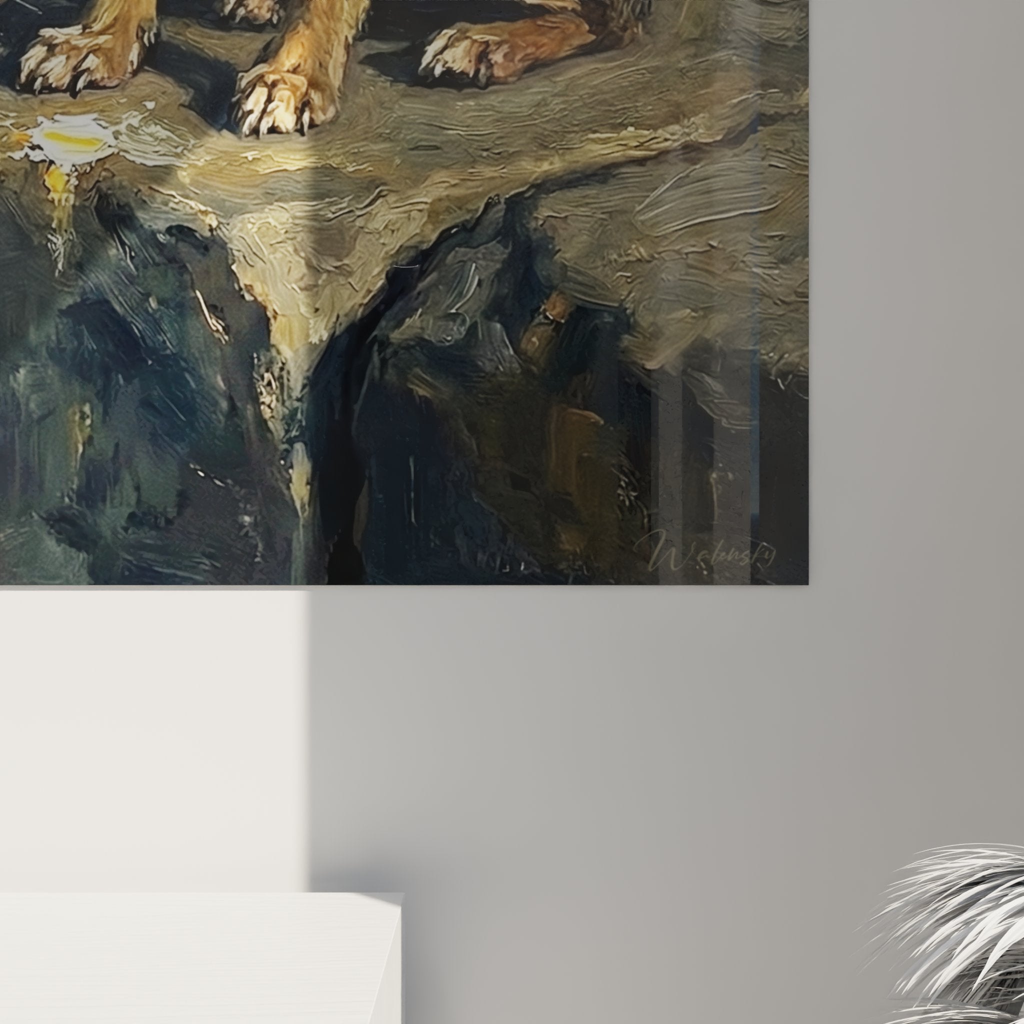 Vue ensemble tableau chihuahua tons bruns murs blancs décoration intérieur chaleureux