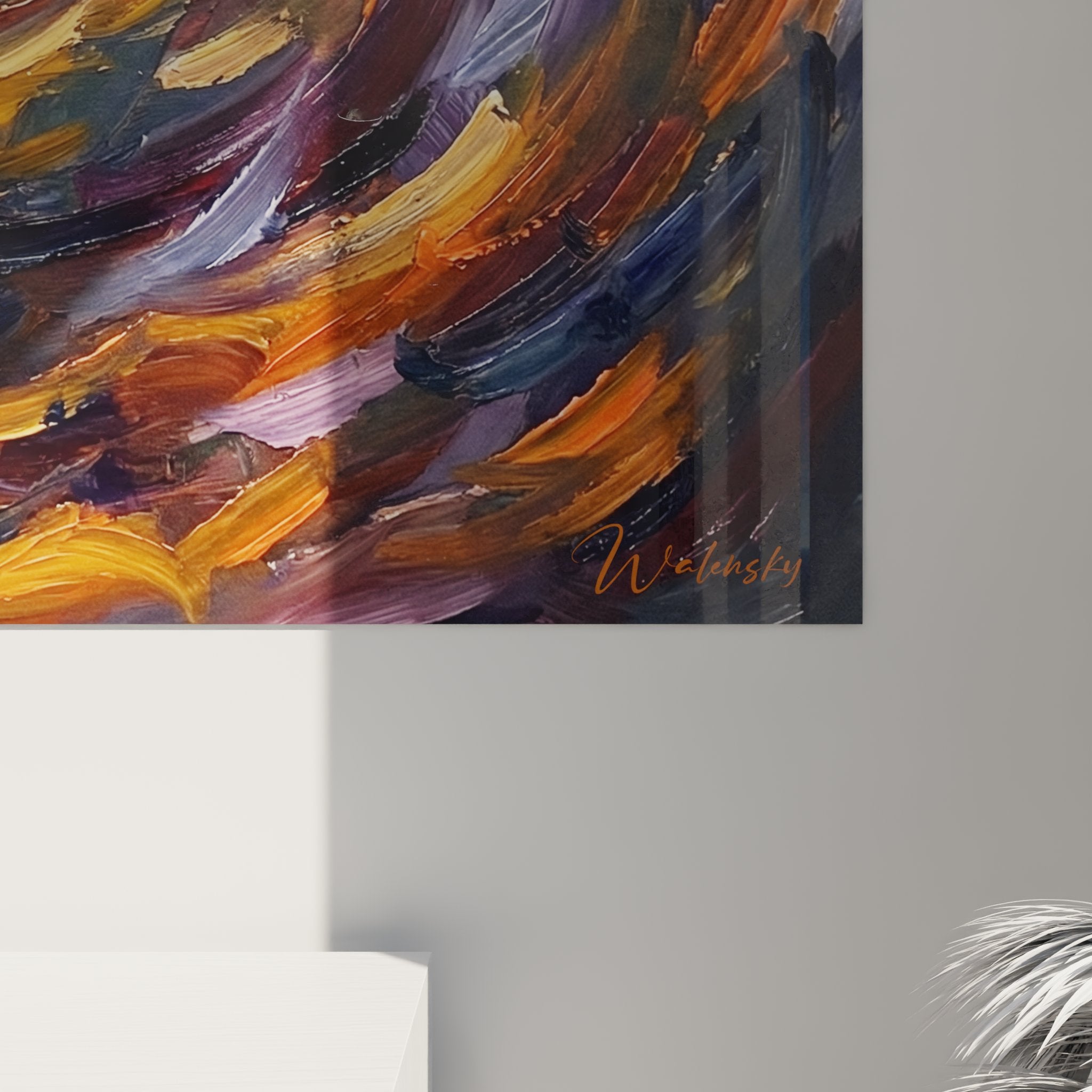 Vue d'ensemble tableau chihuahua dans intérieur contemporain avec éclairage mettant en valeur couleurs