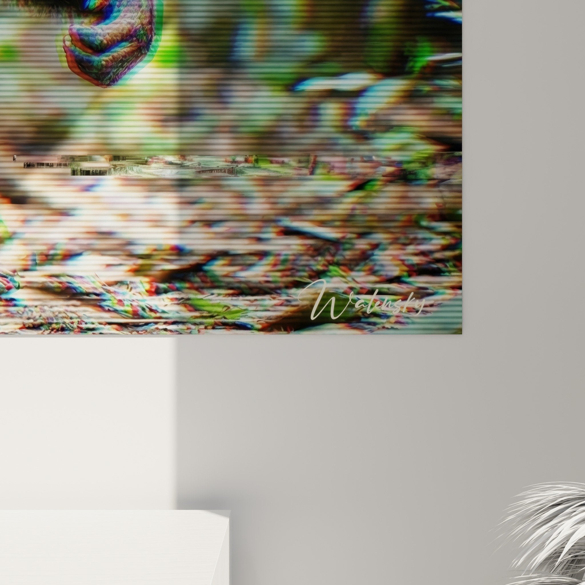 Vue d'ensemble du tableau chimpanzé glitch dans un intérieur moderne avec éclairage d'ambiance