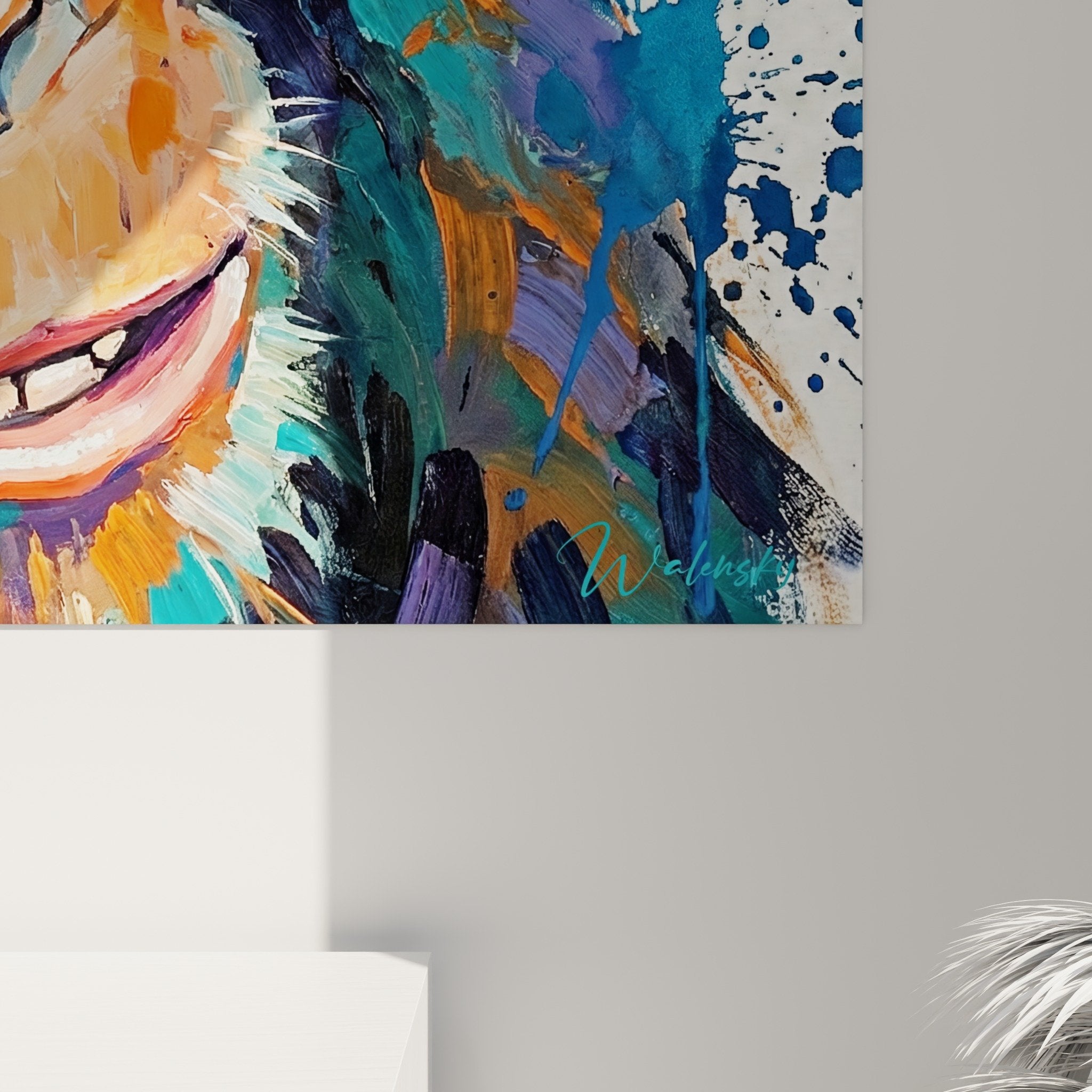 Gesamtansicht Pop-Art Schimpanse Brille Wanddekoration modernes Interieur lebendige Farben Orange Türkis