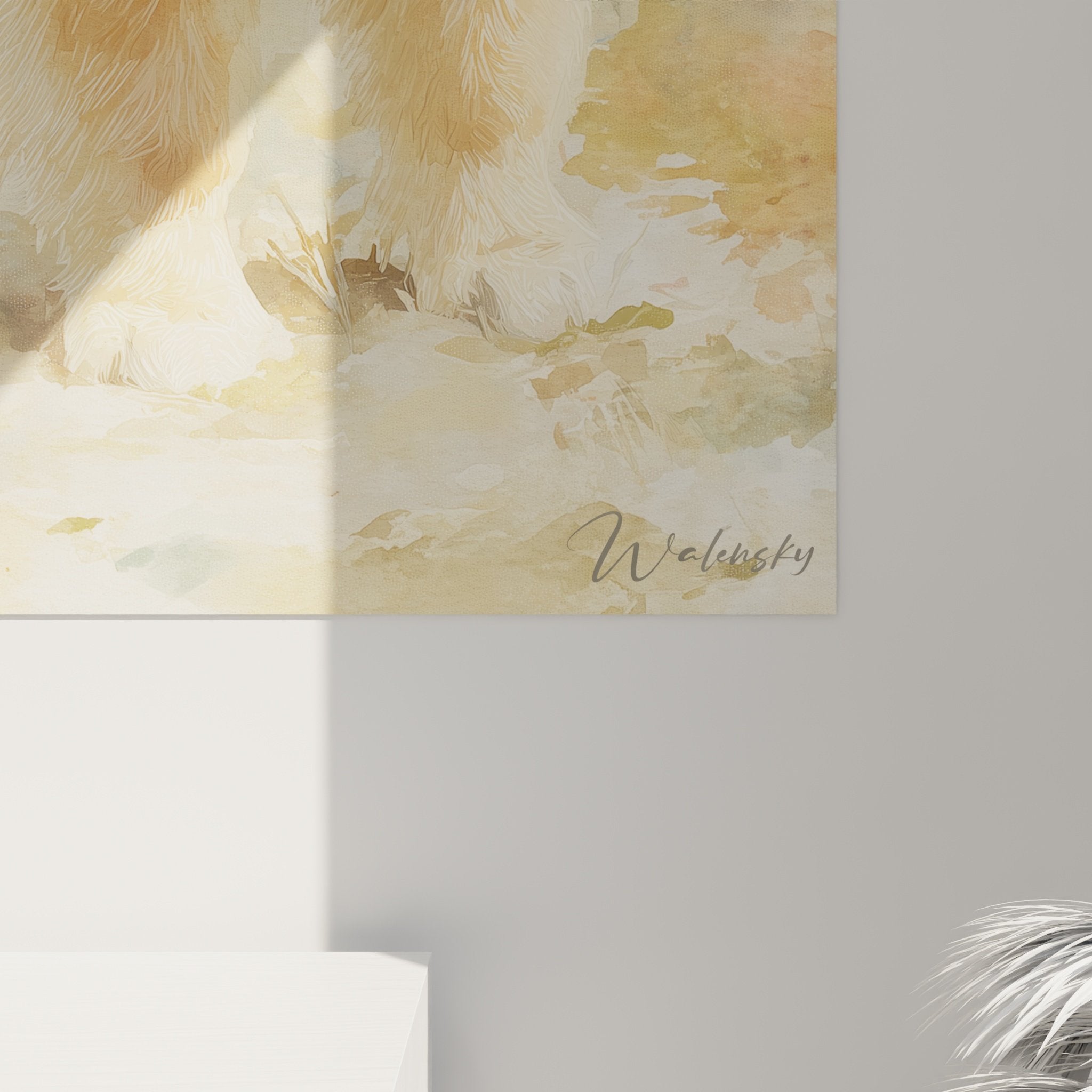 Vue d'ensemble tableau mural Chow Chow dans intérieur contemporain - art animalier tons chauds