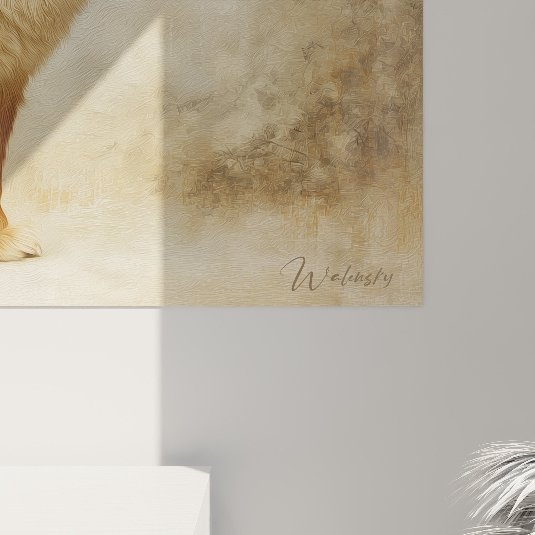 Vue d'ensemble tableau Chow Chow dans intérieur contemporain, décoration murale tons chauds