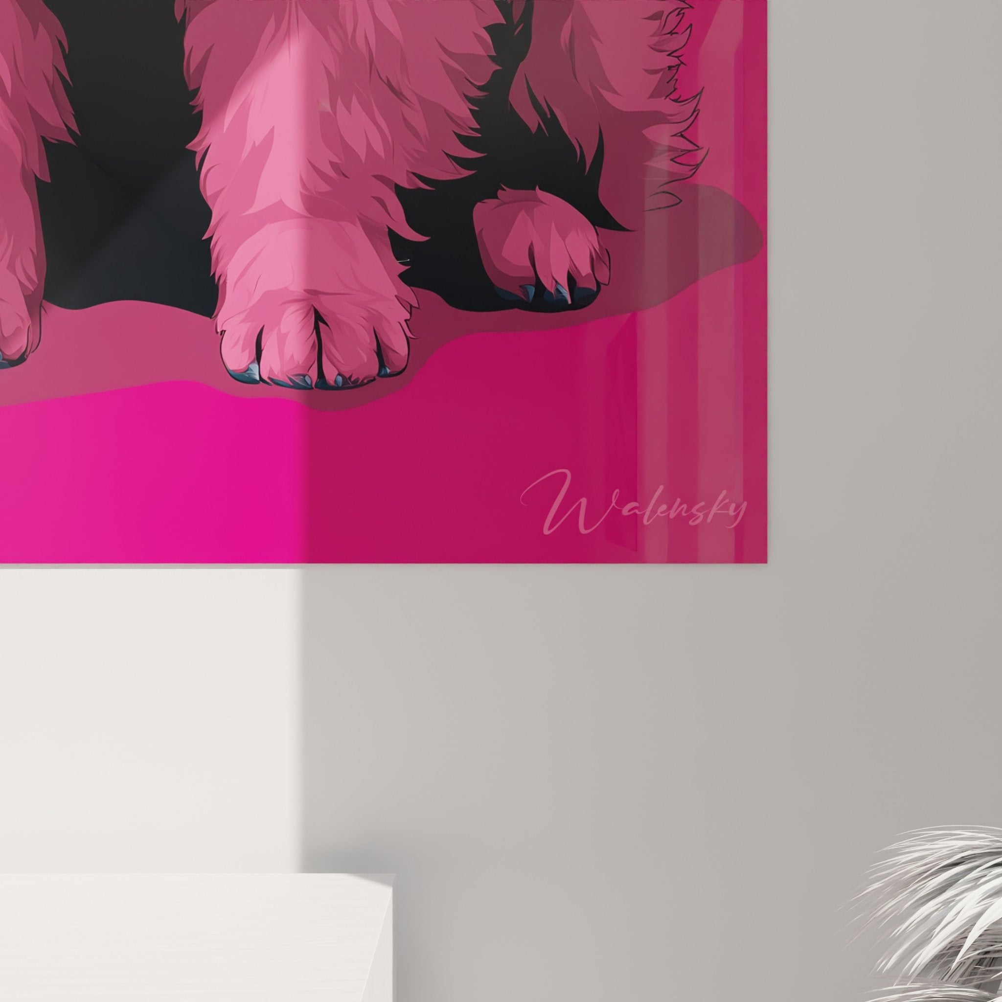 Vue d'ensemble tableau mural Chow Chow rose magenta dans intérieur moderne décoration murale originale