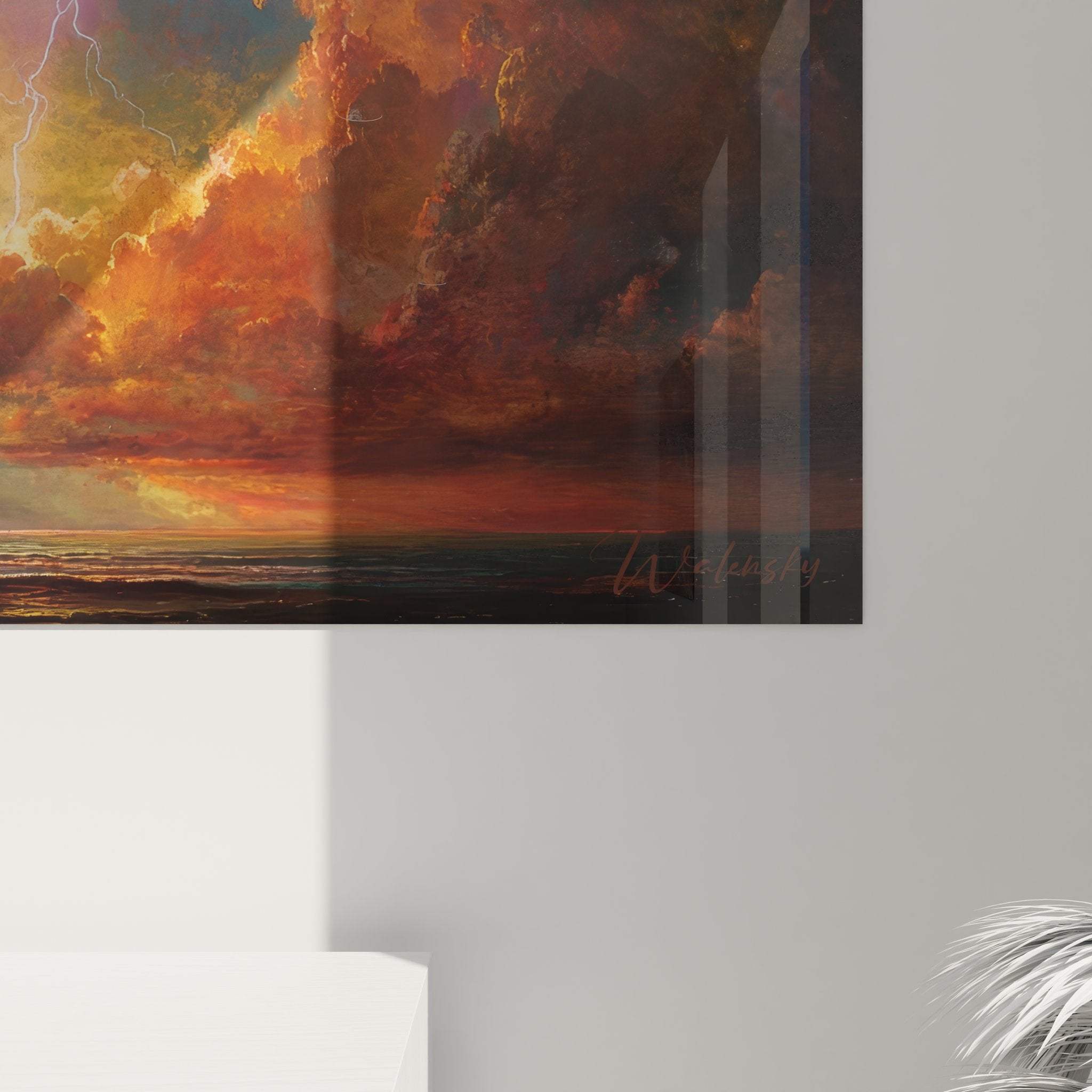 Vue d'ensemble tableau mural ciel d'orage avec tempête électrique et coucher de soleil