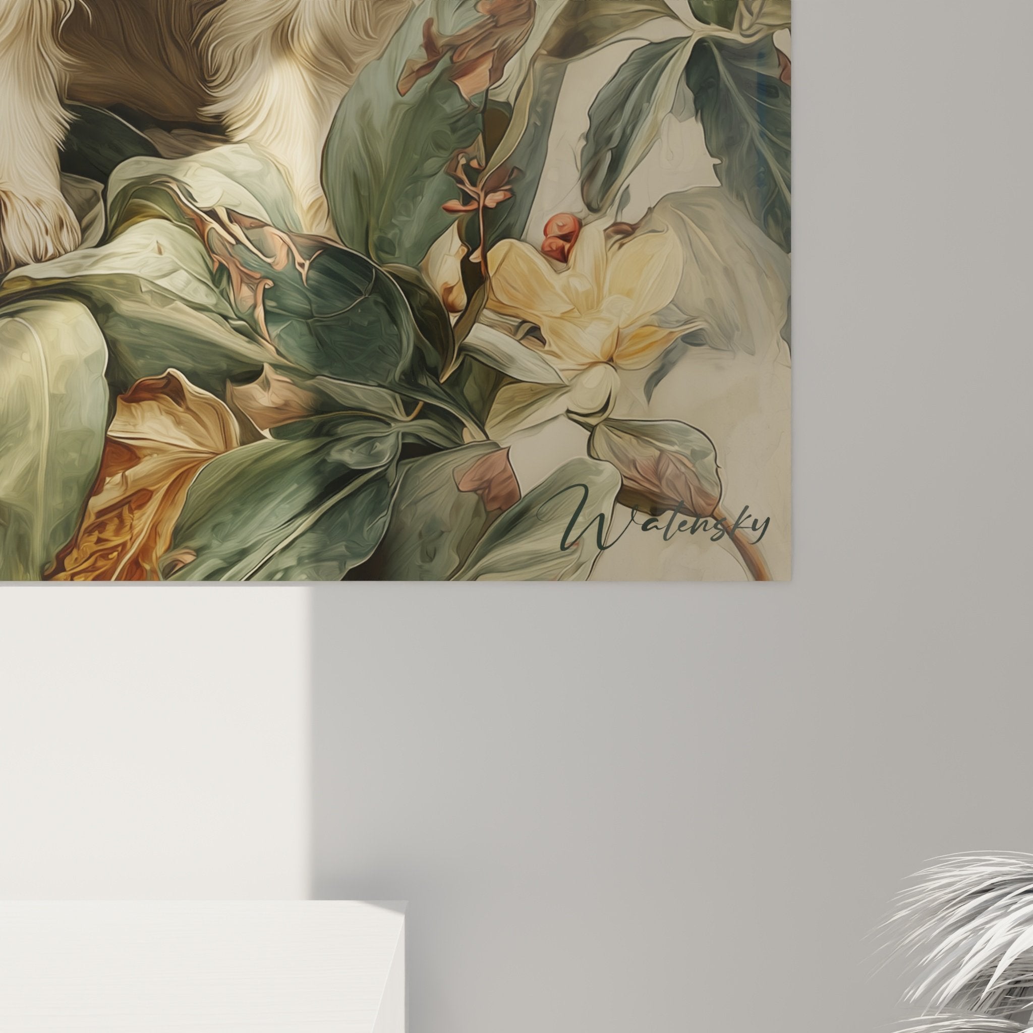 Vue d'ensemble œuvre murale Cocker Americain blond jardin botanique déco intérieur contemporain