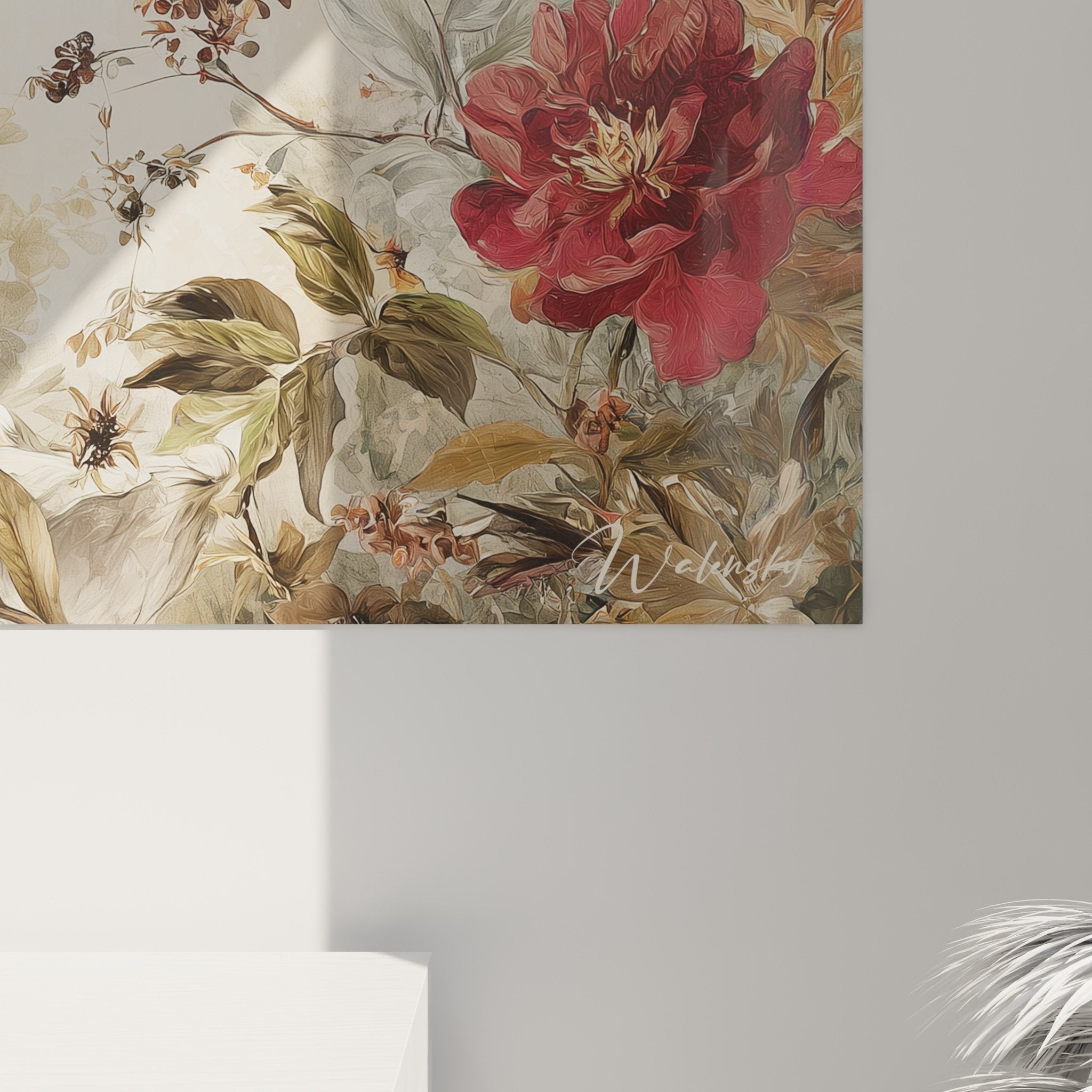 Vue d'ensemble tableau mural Cocker Americain jardin fleuri palette beige dorée pour décoration intérieure