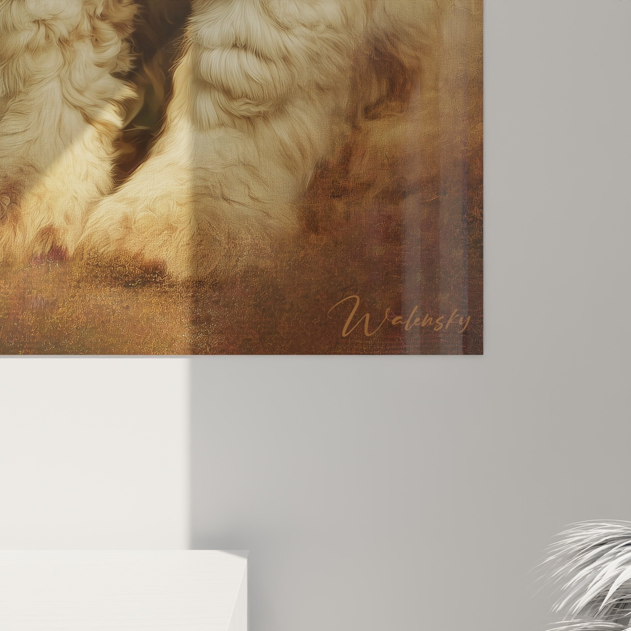 Vue d'ensemble du tableau portrait Cocker Americain dans un interieur contemporain chaleureux