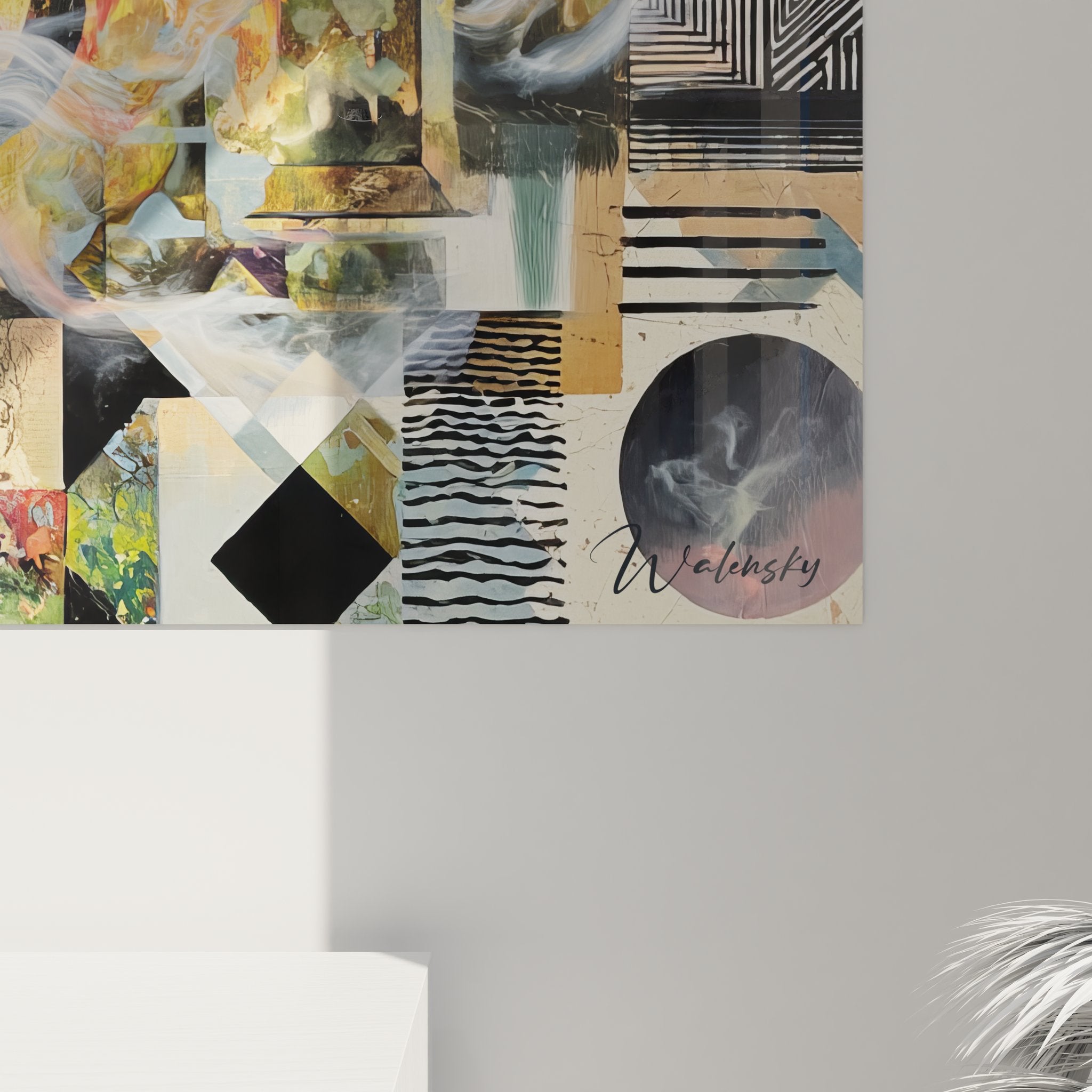 Vue ensemble toile surréaliste abstraite collage géométrique décoration murale artistique