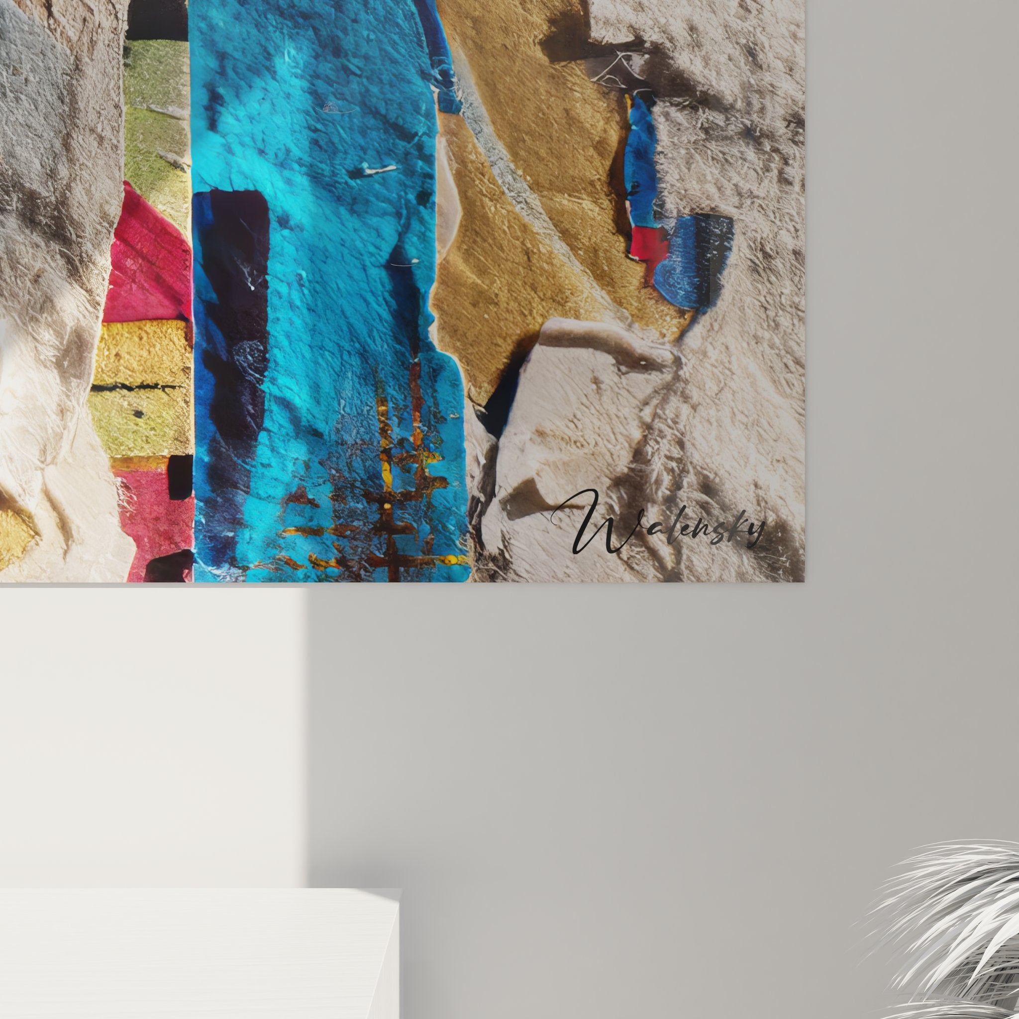 Vue ensemble tableau collage urbain abstrait, composition artistique murale décorative moderne