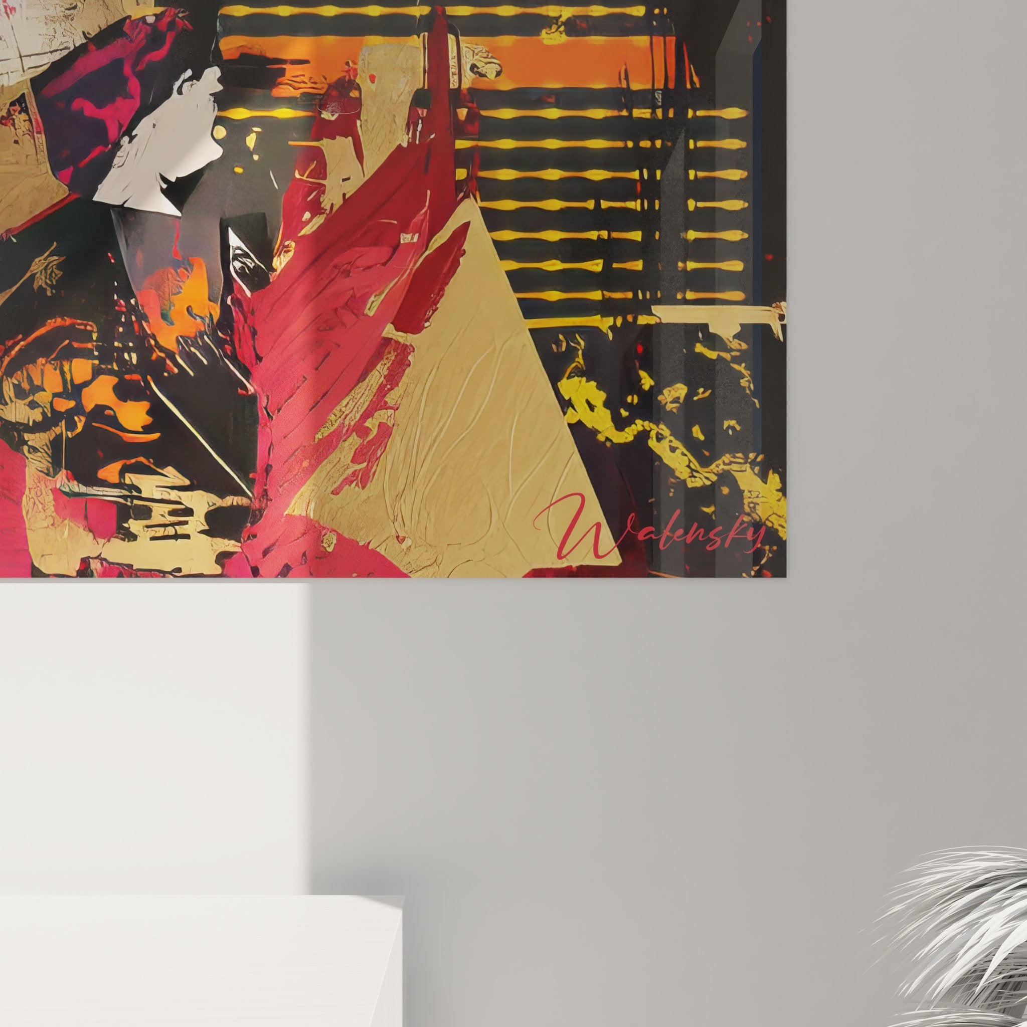 Vue d'ensemble du tableau collage urbain abstrait révélant sa composition dynamique et colorée